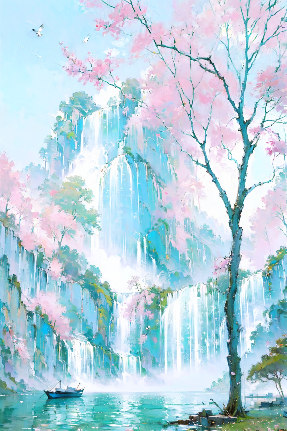 (masterpiece, top quality, best quality, official art, beautiful and aesthetic:1.2),<lora:20240618-1718701129976-0003:0.8>,waterfall,water,tree,bird,scenery,outdoors,solo,branch,standing,wings,nature,fantasy,day,cherry blossoms,1other,no humans,animal,boat,