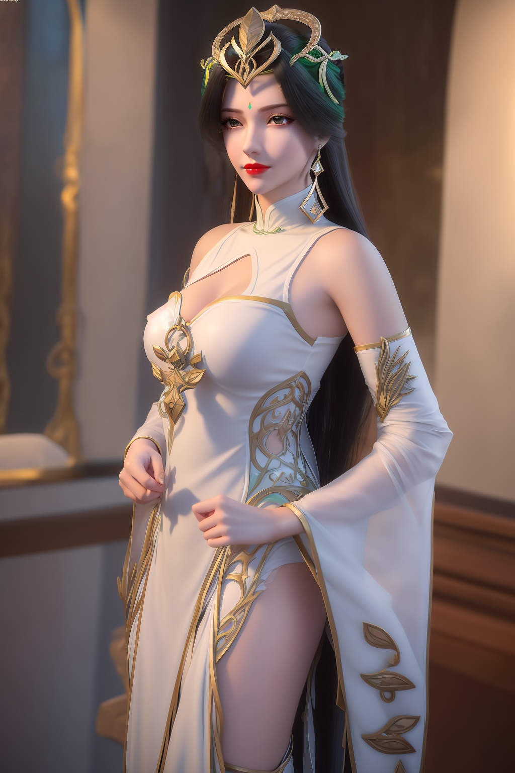 ultra realistic 8k cg, flawless, clean, masterpiece, professional artwork, famous artwork,cinematic lighting, cinematic bloom, perfect face, beautiful face,shenfengBaiHeHuai,1girl, solo,dress,standing,portiart,chinese clothes,clothing cutout,detached sleeves,forehead mark,facial mark,torogao,smile,red lips, breasts,large breasts,cleavage,jewelry,earrings,hair ornament,green theme,long hair,realistic, looking at viewer,<lora:shenfengLiuShen_20240102074313-000004:0.7>,