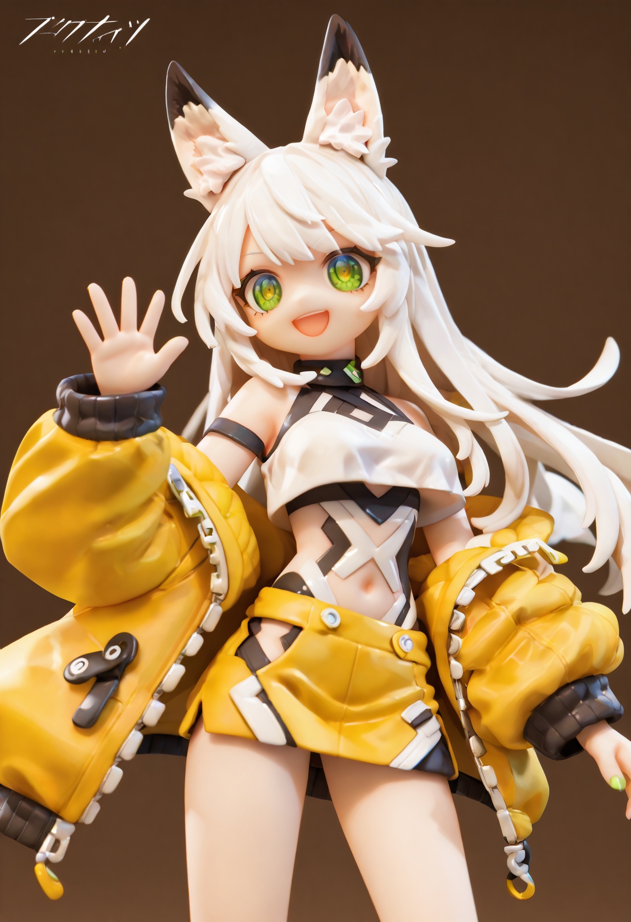 (score_9,score_8_up,score_7_up),source_anime, 1girl, solo, green eyes, smile, :d, long hair, white hair, animal ears, animal ear fluff, eyebrows visible through hair, medium breasts, navel, bare shoulders, yellow jacket, off shoulder, crop top, midriff, yellow skirt, hand up, waving, cropped legs, simple background, blue background, <lora:lvziXL-000010:0.8>