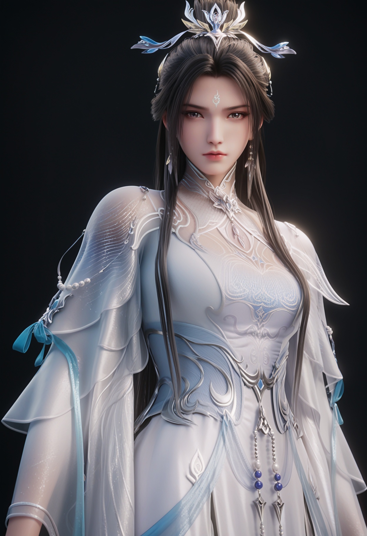 (cowboy shot:1.2),(score_9:1.2),(score_8_up:1.2),(top quality, 8k wallpaper:1.1),(masterpiece:1.1),(best quality:1.2),(intricate details),8k,1girl,facing viewer,(looking at viewer:1.1),<lora:YQponyluxueqiV14:0.95:lbw=1,1,1,1,1,1,1,1,1,0.8,0.8,0.1>,q1528437228,1girl,solo,earrings,black_hair,long_hair,hair_ornament,hair_bun,forehead_mark,single_hair_bun,facial_mark,dress,white_dress,chinese_clothes,long_sleeves,jewelry,BREAK(score_9:1.2),(score_8_up:1.2),masterpiece,best quality,very aesthetic,perfect anatomy,(hourglass),perfect face,(simple background,pure black background,black background:1.1),fair_skin,(shiny_skin:1.1),Ivory_skin,