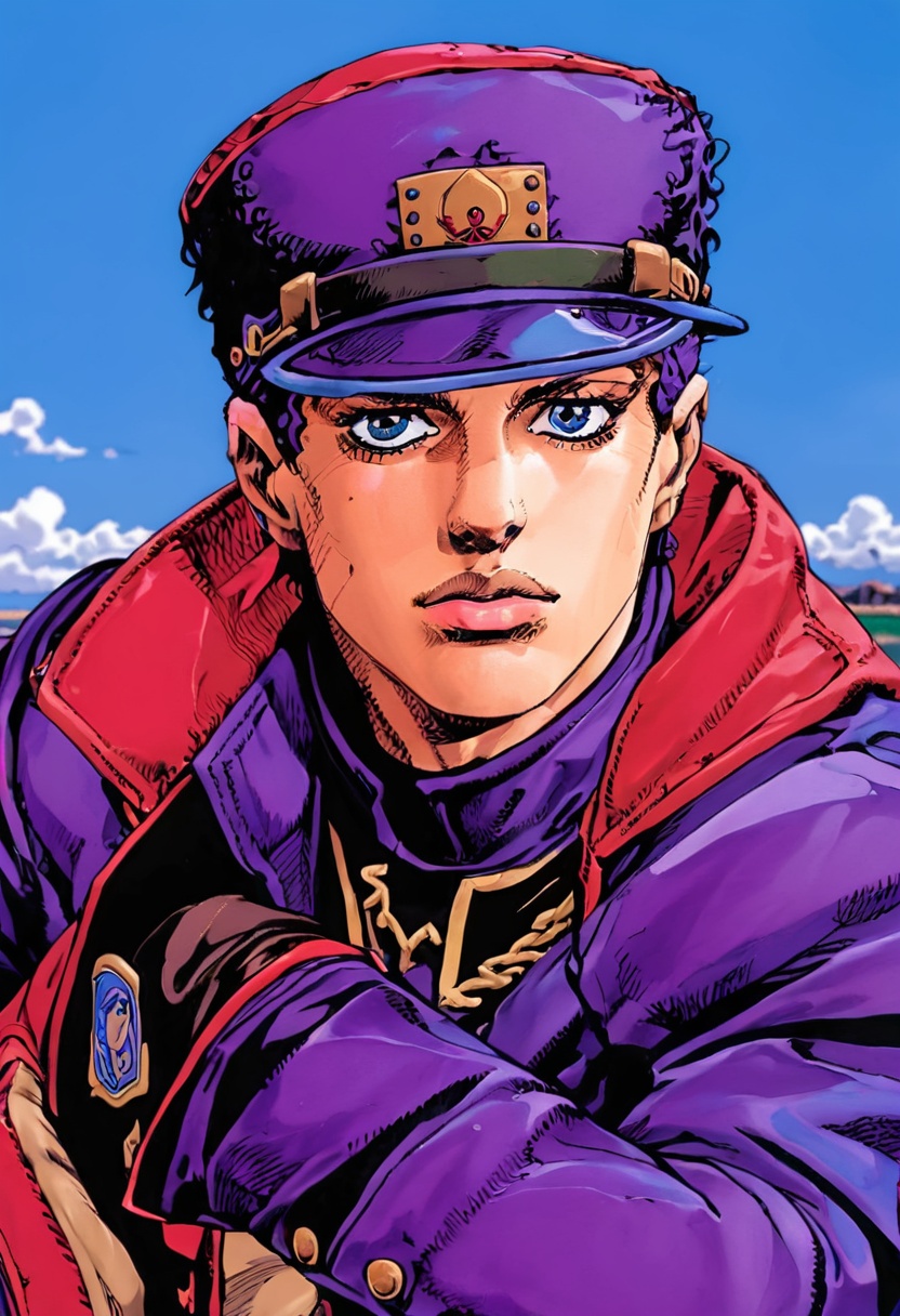 best quality, close up, a jotaro kujo with blue and red hair in purple coat with cap , purple and red colors, blue eyes,  simple sky in background, by araki hirohiko <lora:araki_hirohiko-000016:0.7>  <lora:add-detail-xl:0.8>