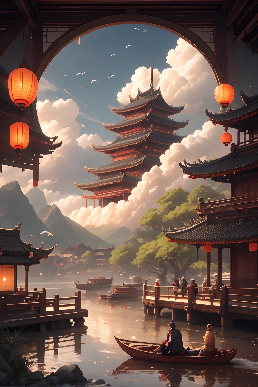 scenery, lantern, cloud, architecture,  east asian architecture, outdoors, sky, watercraft, bird, boat, facing away, water, day, pagoda, sitting, building,mountain, cloudy sky, <lora:house:0.7>