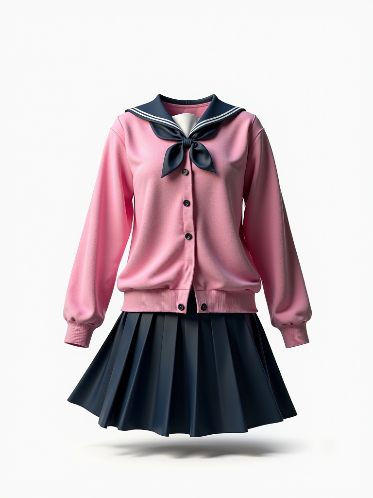 1girl 3d arm at side black sailor collar black skirt blue sailor collar blue skirt brown background brown hair cardigan cowboy shot cropped torso gradient gradient background green sailor collar green skirt grey background head out of frame long hair long skirt long sleeves neck ribbon neckerchief open cardigan pink background pink cardigan pink neckwear pink shirt pink sweater pleated skirt ribbon sailor collar school uniform serafuku shirt short hair simple background skirt sleeves past fingers sleeves past wrists solo standing virtual youtuber white background white shirt,