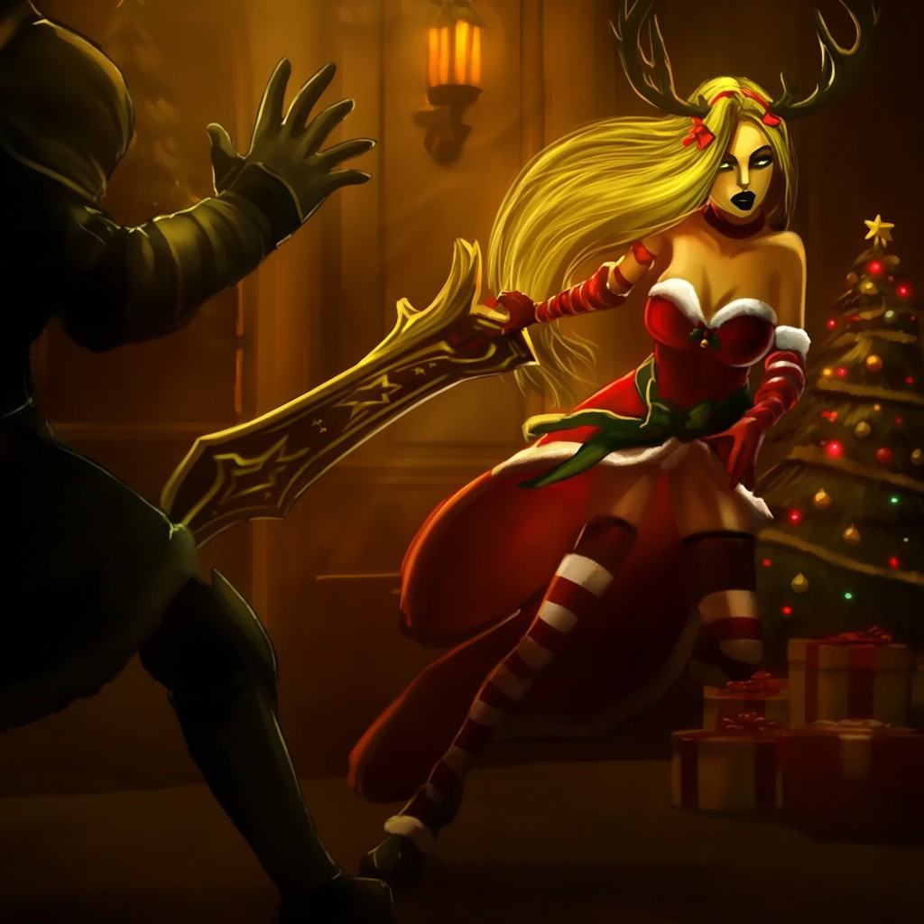 A female humanoid warrior with long flowing blonde hair,  sharp green eyes,  and dark makeup wears a festive red and white...