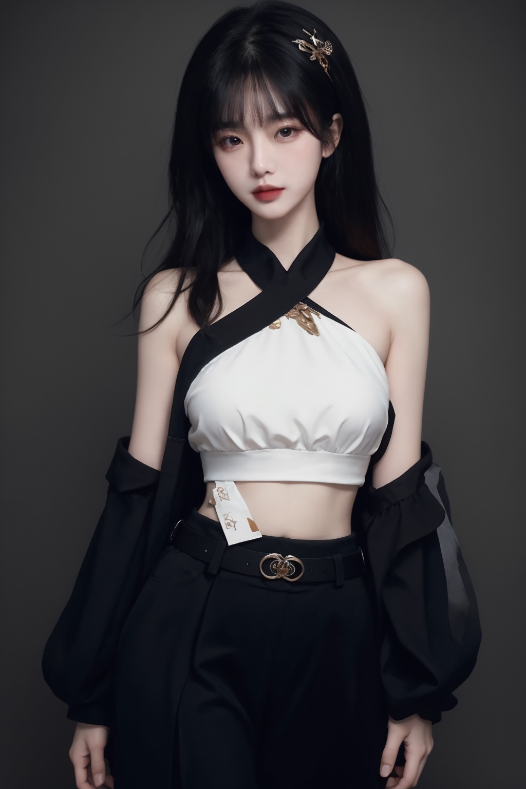 masterpiece, best quality, masterpiece,best quality,official art,extremely detailed CG unity 8k wallpaper,woman,photorealistic, masterpiece, realistic,araffed woman in black top and black pants posing for a picture, jiyun chae, wavy long - length black hair, shoulder-length black hair, lu ji, +81 magazine, wavy shoulder-length hair, kim hyun joo, physical : tinyest midriff ever, tinyest midriff ever, Wang Yuanqi, black wavy hair with bangs, long thin black hair, huge belt, female actress from korea, Du Qiong, Huang Ji, Qian Du, portrait of female korean idol, wavy long black hair, black long hair, shoulder length black hair, id magazine, Hu Zaobin, dilraba dilmurat, wavy black hair, black wavy hair, no logo, beautiful midriff, jia, Chen Jiru, gold belt, Luo Mu <lora:模特:0.8>