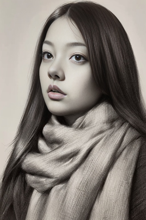 Monochrome,sketching style,a woman with long hair and a scarf around her neck,with a serious expression on her face,looking to one side and drawing with a pencil,<lora:smmx-000006:0.8>,masterpiece,best quality,