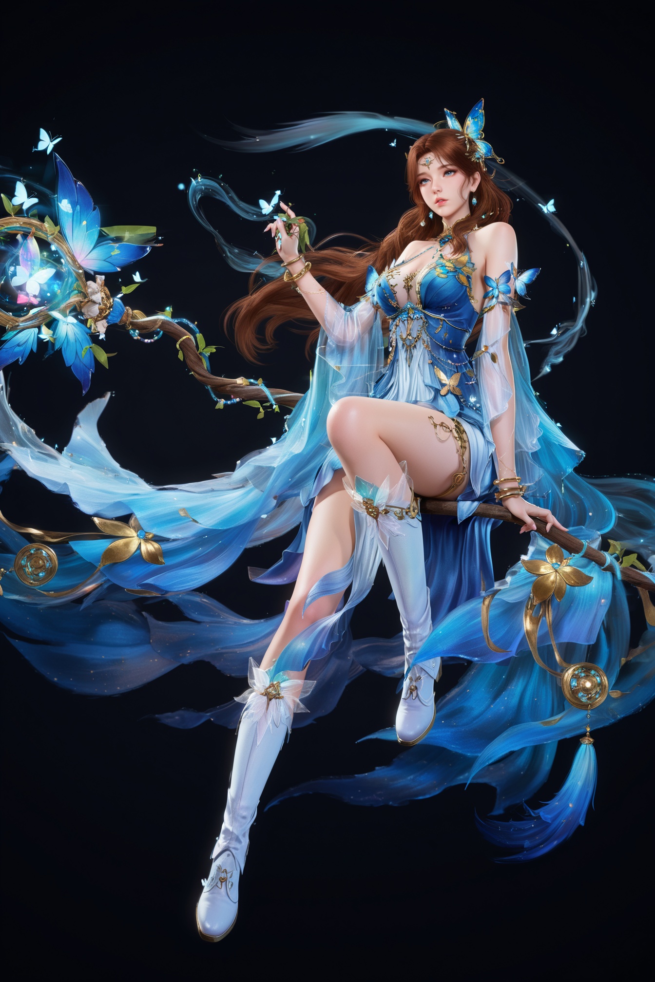1girl, solo, long_hair, breasts, brown_hair, hair_ornament, dress, jewelry, bare_shoulders, sitting, full_body, earrings, parted_lips, boots, detached_sleeves, bracelet, blue_dress, black_background, bug, staff, butterfly, butterfly_hair_ornament