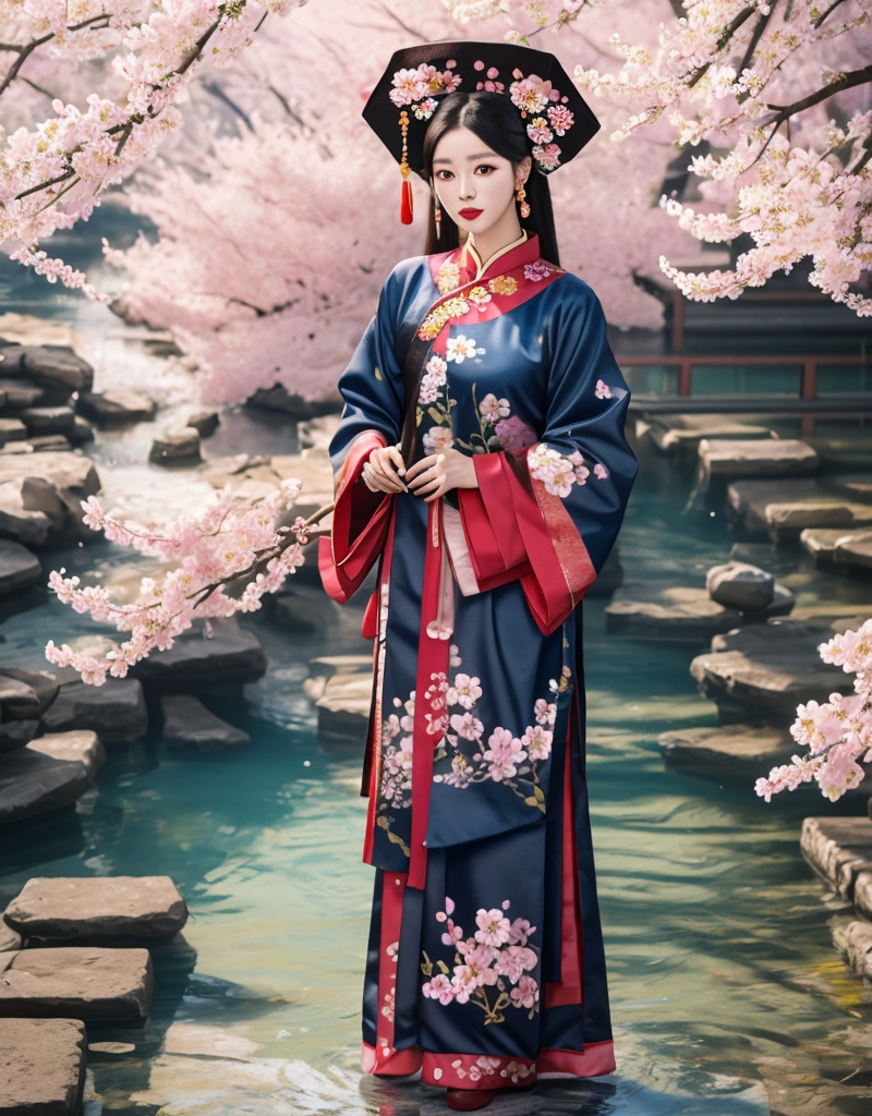 1girl,solo,flower,chinese clothes,jewelry,earrings,holding,hand fan,full body,hair ornament,long sleeves,petals,holding fan,black hair,cherry blossoms,standing,hair flower,pink flower,dress,blurry,red lips,wide sleeves,floral print,hanfu,hat,looking at viewer,lips,updo,realistic,outdoors,animal print,day,shadow,<lora:qing dynasty1:0.8>,<lora:手指u:1>,masterpiece,best quality,8k,insane details,intricate details,hyperdetailed,hyper quality,high,