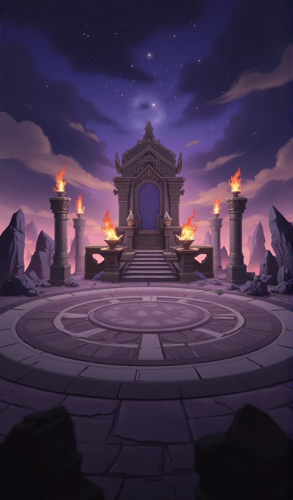 SBCJ3,In the center of the scene is a majestic throne,surrounded by burning torches,with broken stone columns on either side. The ground features mysterious circular patterns,creating an atmosphere that is both mystical and solemn.,