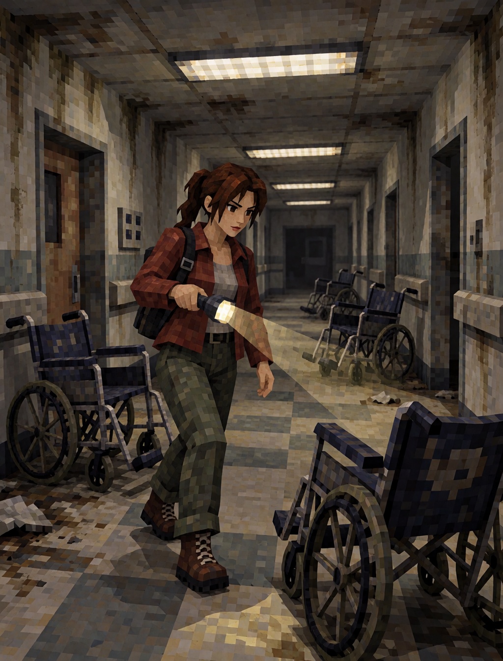 A young woman holding a flashlight inside an abandoned hospital corridor,  overturned wheelchairs,  stained walls on Tenso...