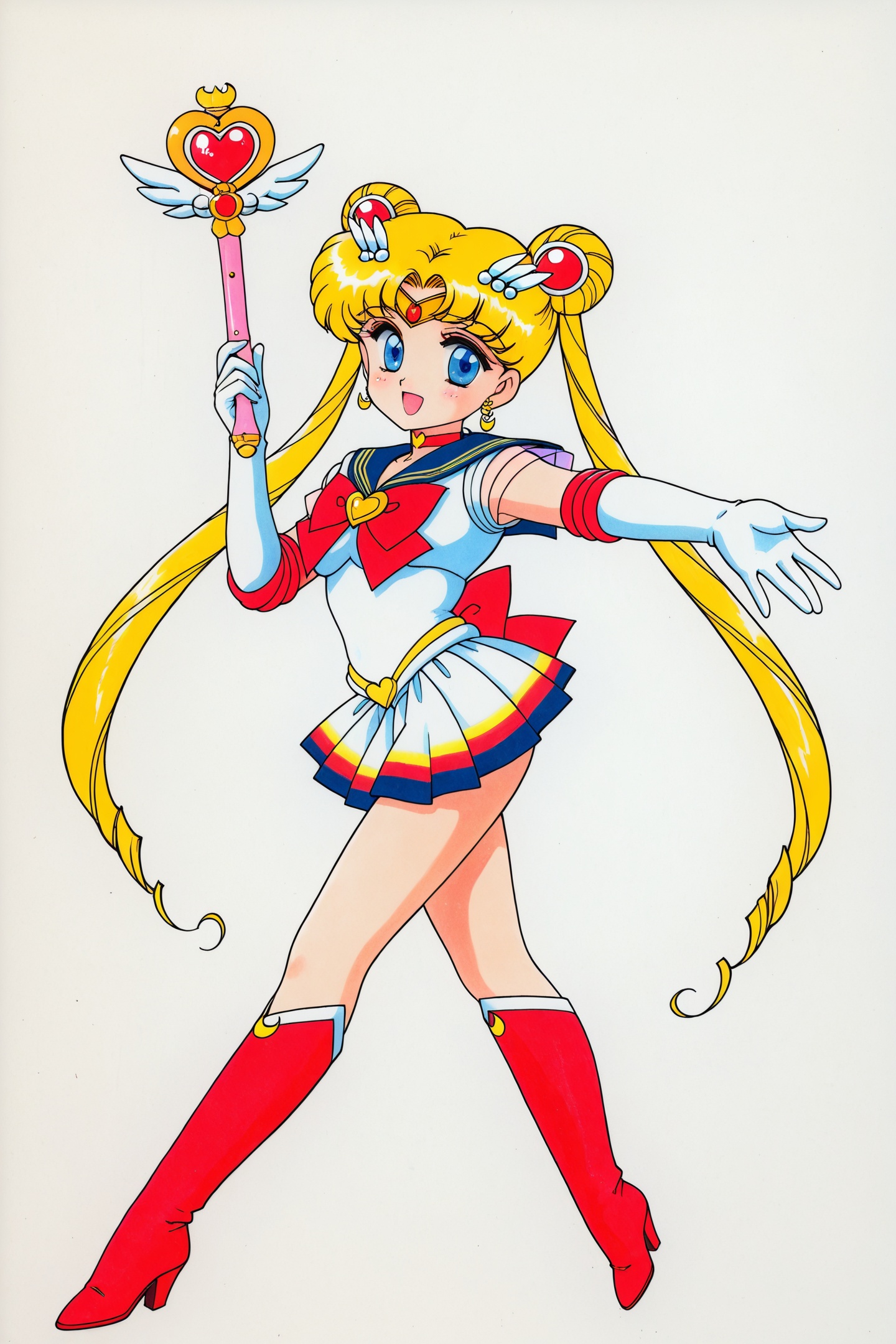 Juu Kuroinu Style,tsukino usagi,sailor moon,sailor senshi uniform,solo,1girl,skirt,long hair,jewelry,twintails,heart,blonde hair,blue eyes,magical girl,double bun,gloves,sailor collar,pleated skirt,hair bun,multicolored skirt,boots,knee boots,multicolored clothes,open mouth,traditional media,red footwear,earrings,full body,smile,retro artstyle,heart brooch,crescent,bow,hair ornament,brooch,blue sailor collar,crescent earrings,back bow,white gloves,elbow gloves,marker \(medium\),1990s \(style\),looking at viewer,choker,outstretched arm,:d,heart choker,miniskirt,white skirt,white background,holding wand,simple background,chibi,<lora:black dog chibi_illustriousXL:1>,