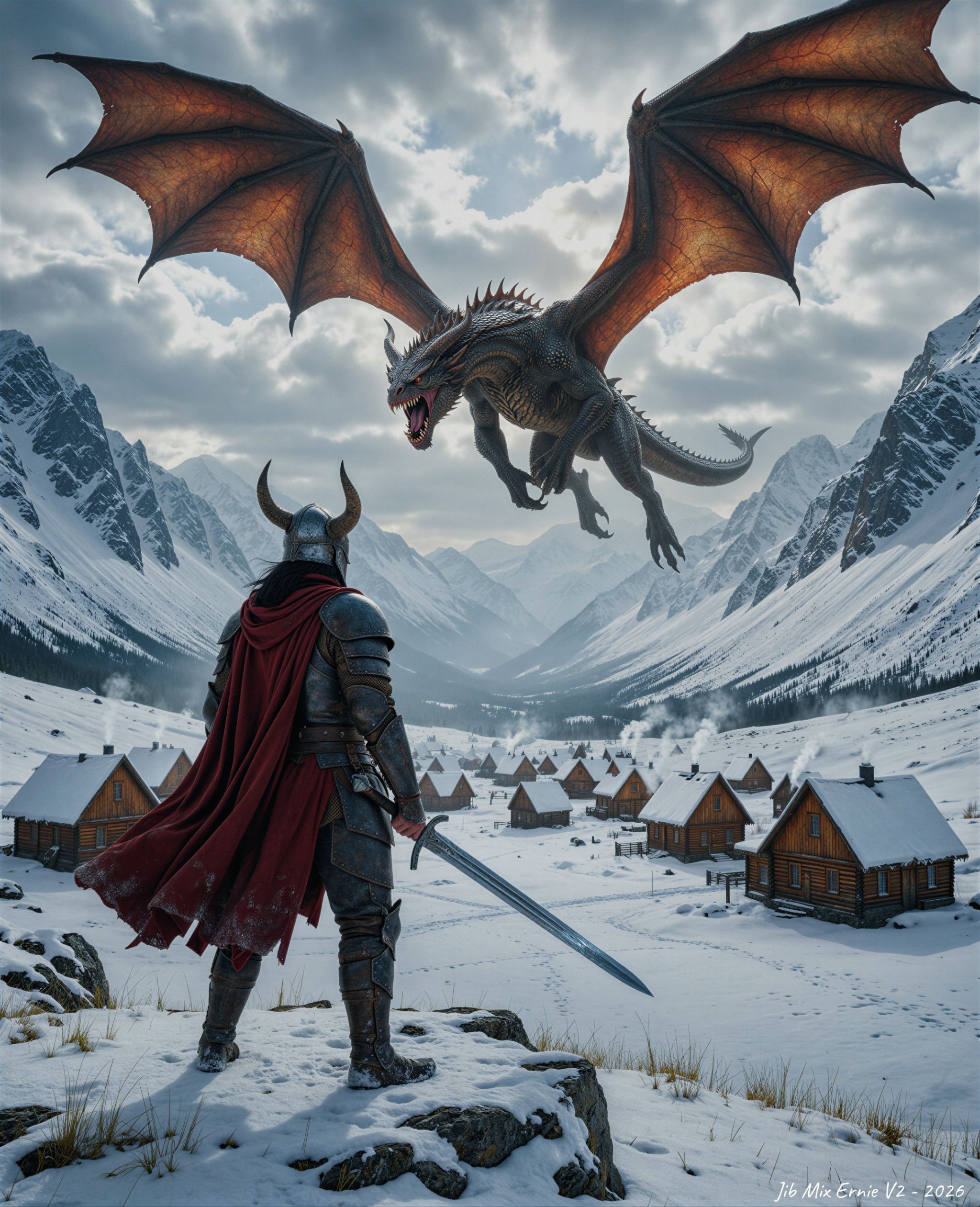The image presents a dramatic high-fantasy scene set in a vast,  snowbound mountain valley,  captured from a slightly elev...