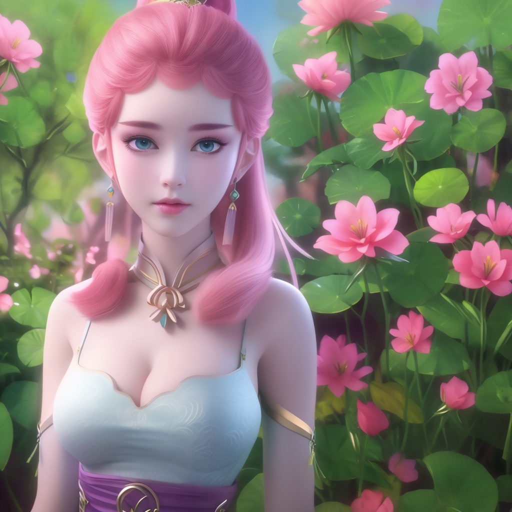 <lora:妖神记-龙羽音:0.8> (,1girl, ,best quality, ),looking at viewer,  ,ultra detailed 8k cg,ultra detailed background,ultra realistic 8k cg,1girl, solo,(bare shoulders:0.85),(masterpiece, best quality),((oil painting style)),sexy young lady,(beautiful face and eyes),(upper body:1.5),(whole body:1.05),(single person:1.2),surrounded by flowers, (lily), roses, floret, vegetation, white, purple, purplish pink,Impressionism,colorful,(Breast size:1.3),(cleavage),