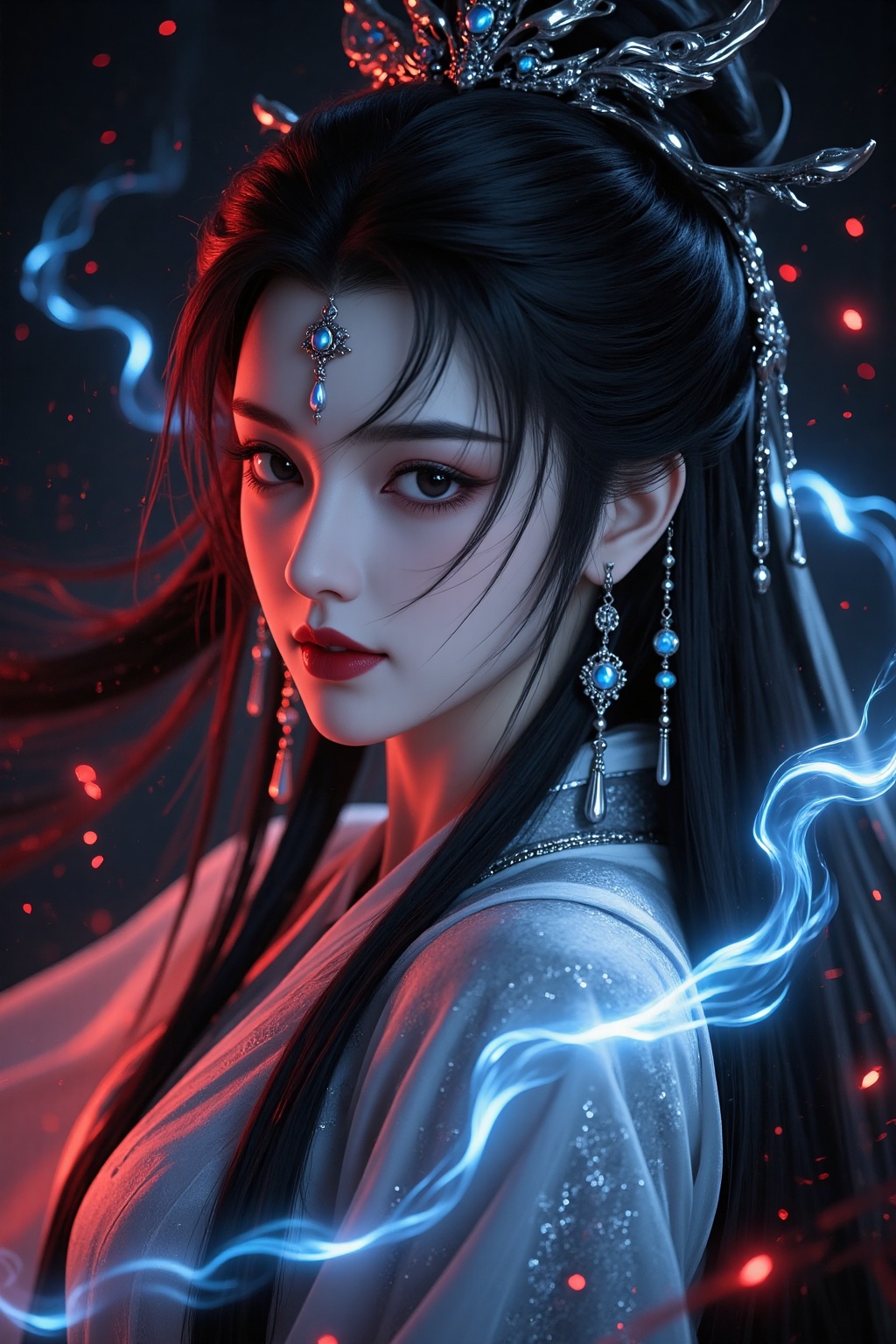 Dark red witch,CGI,8K,depth of field,long,dark hair,intricate jewelry,white garment,hanfu,serene expression,swirling blue energy,mystical atmosphere,looking at viewer,masterpiece,best quality,