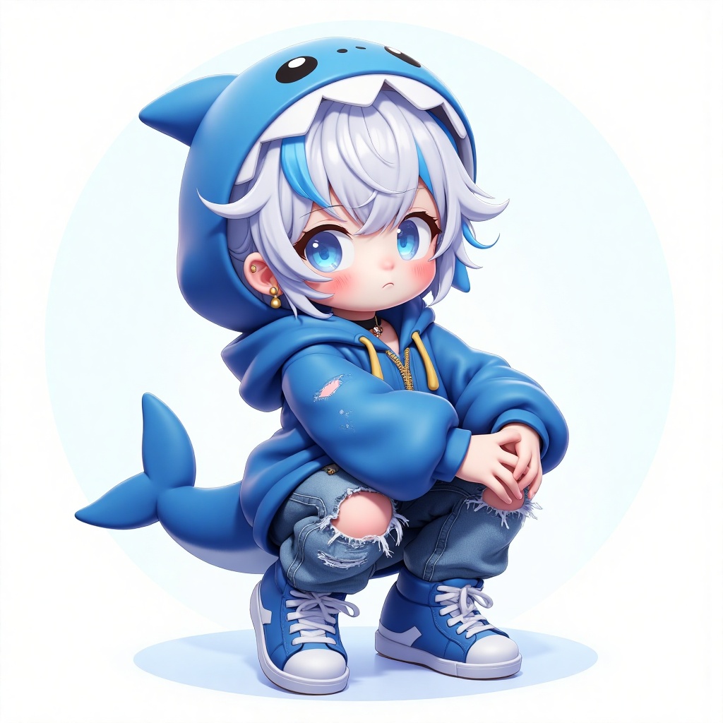 hezi, 3d, Bubble Mart, rich color, q version, 1boy, male focus, blue eyes, hood, tail, solo, pants, blue hair, animal hood, shoes, male child, torn clothes, sneakers, torn pants, hoodie, blush, fish tail, hood up, earrings, blue hoodie, sleeves past wrists, long sleeves, hair between eyes, jeans, shark tail, virtual youtuber, full body, denim, jewelry, jacket, shark hood, white hair, short hair, sitting, bangs, closed mouth, multicolored hair, simple background, blue jacket, light blue hair, white background, shirt, blue pants, streaked hair, zipper, piercing, blue footwear, chongyun \(genshin impact\), ear piercing, stud earrings, squatting, looking at viewer, gradient, gradient background, blue theme, gawr gura, child, torn jeans, shark costume, patch