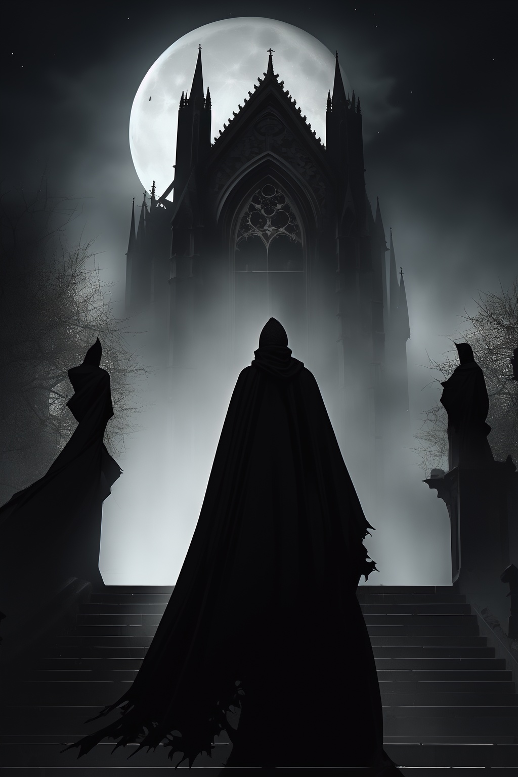 ShenMi, moon, stairs, torn clothes, night, cloak, full moon, standing, black hair, 1girl, torn cape, 1boy, from behind, cape, Gothic architecture, eerie,<lora:ShenMi7:0.8>,
