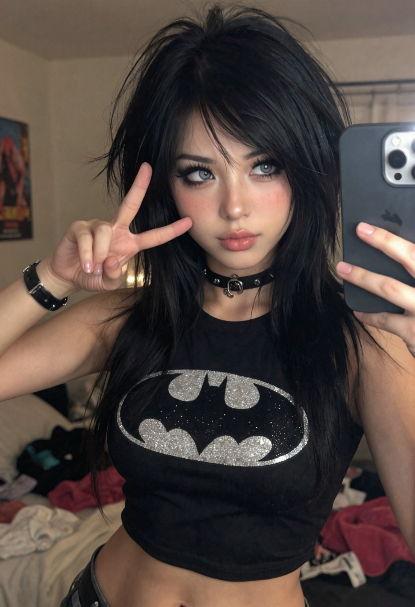 cute e-girl with black voluminous hair taking a mirror selfie in a dim bedroom,  making a peace sign near her cheek,  wear...