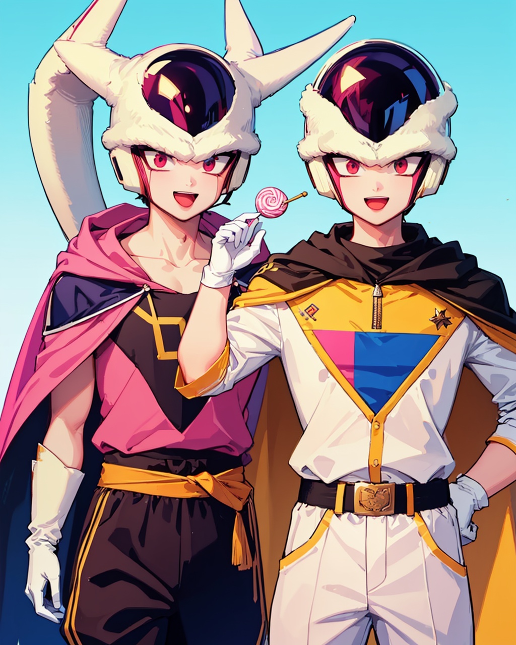 masterpiece,best quality, highly detailed, frieza,pink skin, open mouth, male focus, white pants, holding lollipop, yellow gloves, cape, belt, swirl lollipop, 2boys, happy, ^ ^, :d, head out of frame, blue background, gradient background, baggy pants,<lora:frieza:1>