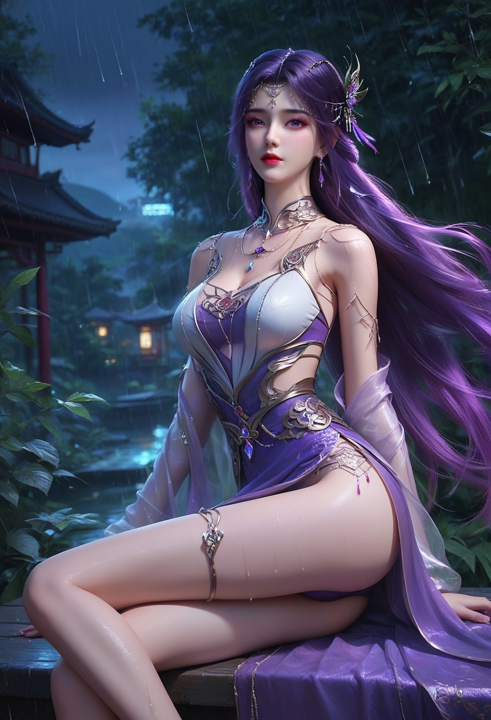 score_9,score_8_up,score_7_up,break.,china dlrb,China girl,mole,1girl,solo,looking at viewer,(sedimentary layer contrast:1.4@z0.7-1.0),purple hair,bare legs,pov,from side,(nm style),1girl,solo,looking at viewer,magic forest,facial,ambient lighting,(girl at x0,y1:1.4),fairy,(rain (ambient atmosphere) beyond z0.7:1.6),(neon lights details:1.3@z0.7-1.0),neon lights,vampire,china,outfit,long dress,boxer panties,<lora:17完美世界云曦天命石:0.8>,