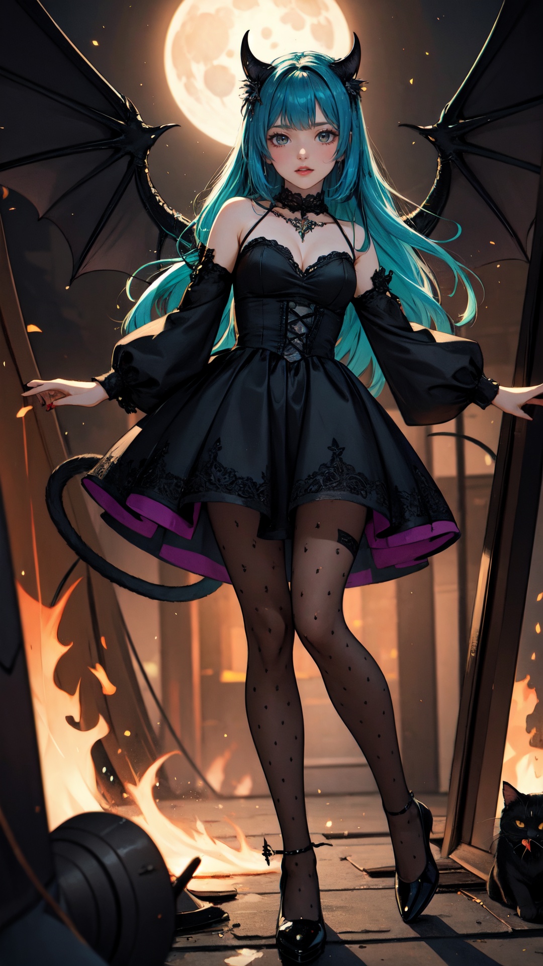 <lora:merged_0022:0.8>,(tutututu),pantyhose,((black footwear)),standing,BREAK<lora:epiNoiseoffset_v2:0.4>,(best quality, masterpiece, colorful, dynamic angle, highest detailed),fashion photography of cute succubus girl,gothic,large demon red wings (high resolution textures),long green hair,(abstract art),half demon,crimson cat iris,cat eyes,vampire very long fangs,(intricate details, hyperdetailed:1.15),detailed,moonlight passing through hair,(official art, extreme detailed, highest detailed),HDR+,