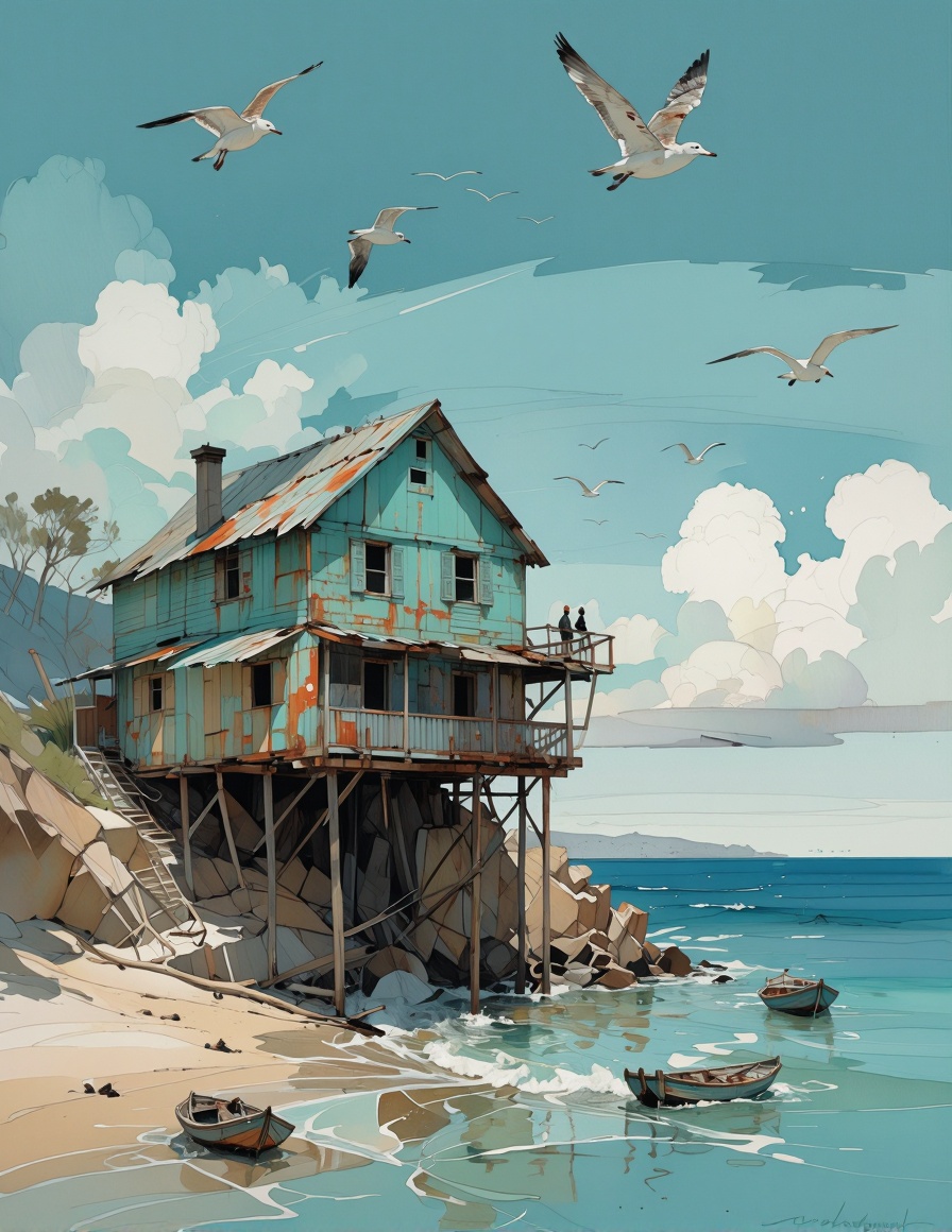 VarcoterolV7 art style — A weathered turquoise seaside house perched precariously on wooden stilts above a rocky cliffside...