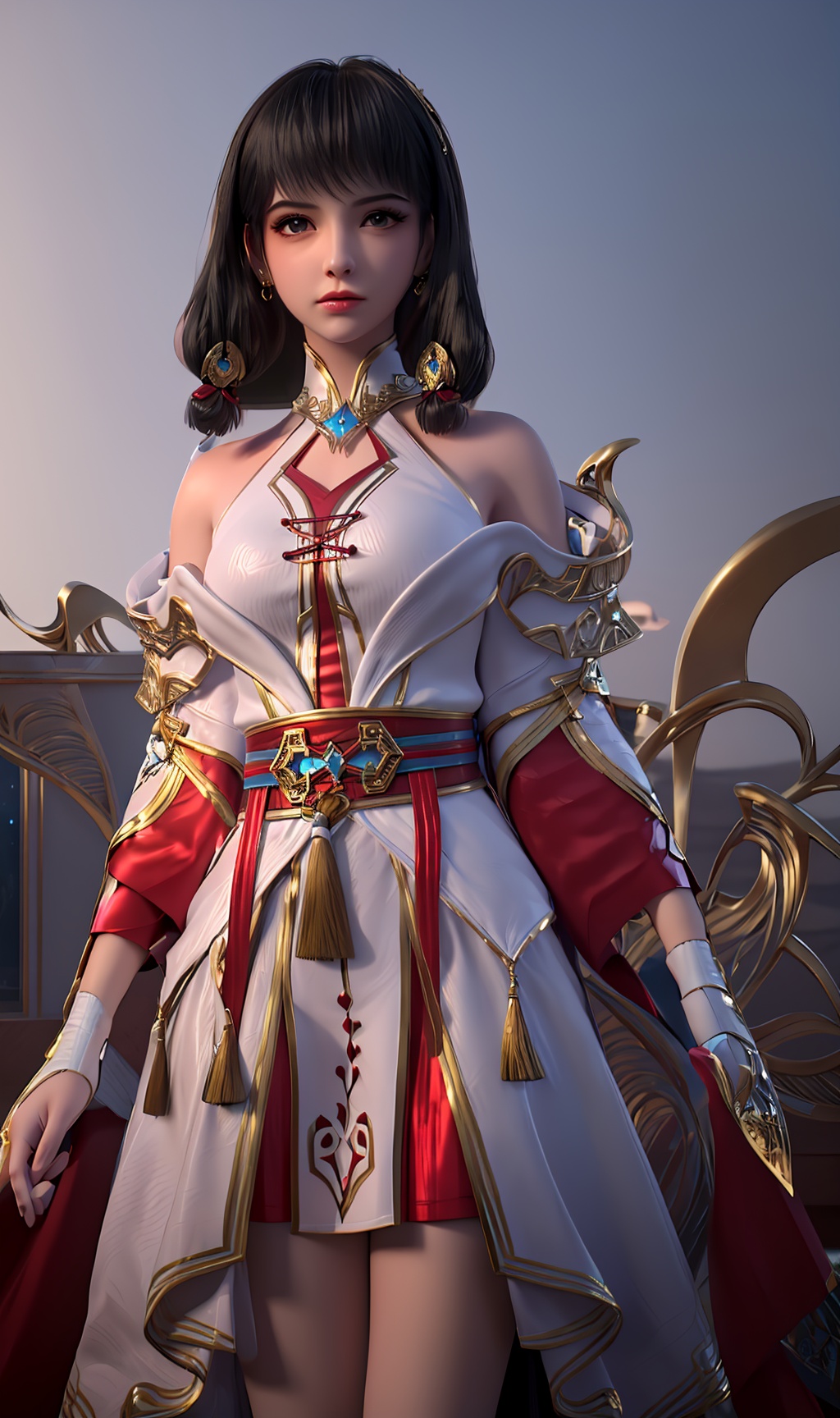 3D,masterpiece,(best quality),(makeup),official art, extremely detailed cg 8k wallpaper,((crystalstexture skin)), (extremely delicate and beautiful),(highly detailed),(face),(1girl), (solo), (jewelry), (earrings),(black_hair),(long_hair),(hair_ornament),(handwear),(breasts),(standing),(collar),(wristband),(hair_tubes),(tassel),(gold_trim),,((upper_body)),(off-shoulder_dress),,(multicolored_clothes),(multicolored_dress),(closed_mouth),(gloves),(shiny_clothes),(shoulder_armor),(long_legs),(sunshine, outdoor,bed),((looking_at_viewer)),((Facing the camera)),, <lora:hipoly3DModelLora_v10:0.3>