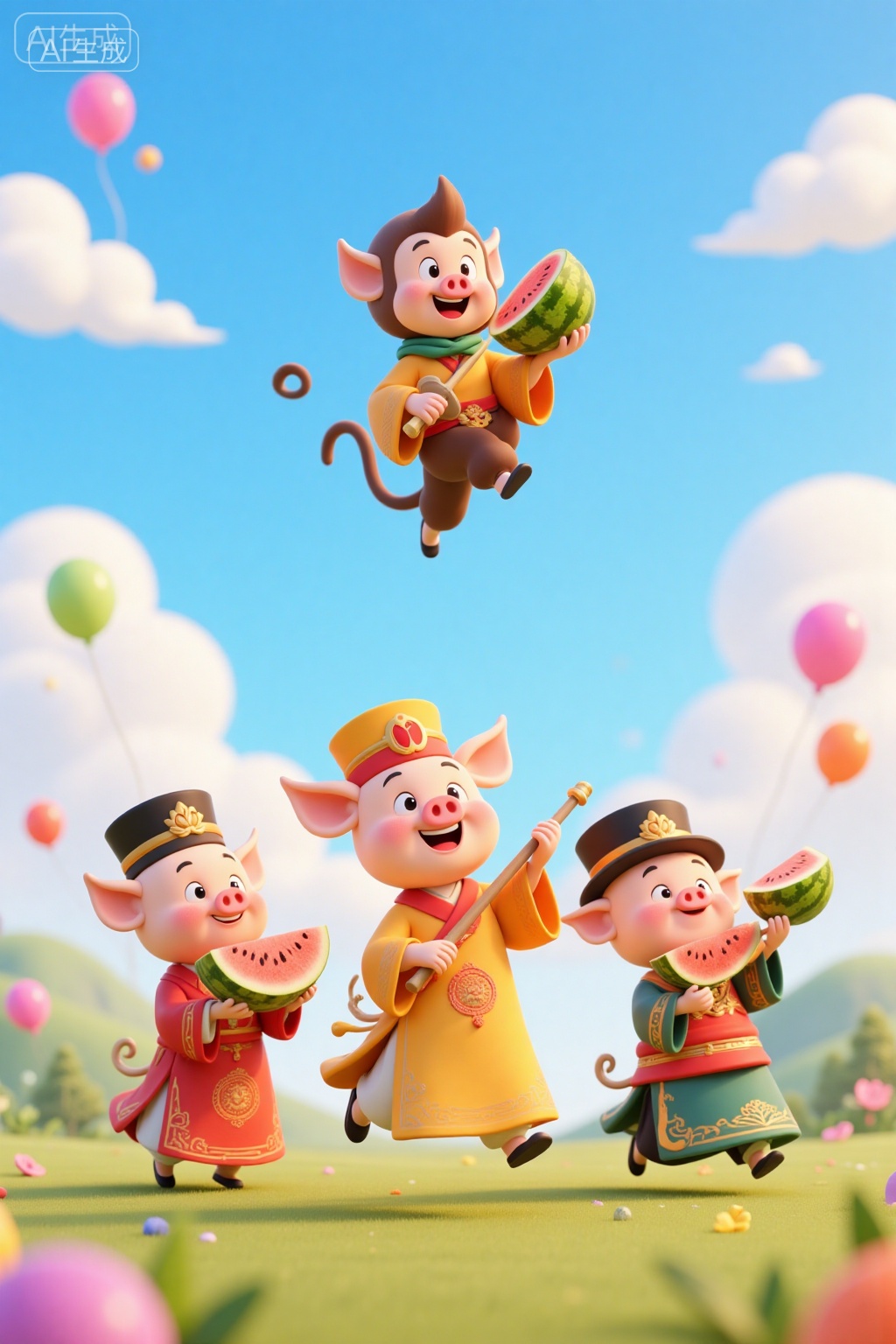A vibrant CGI illustration depicts three cartoon pigs and a monkey in traditional Chinese attire,holding watermelons and playing musical instruments. The monkey,with a mischievous grin,leaps joyfully above them. The sky is bright blue with fluffy clouds and colorful balloons. The pigs,one in a yellow robe and two in black hats,exude a playful,festive atmosphere.,, Negative prompt: ng_deepnegative_v1_75t,(badhandv4:1.2),(worst quality:2),easynegative,,nsfw, Steps: 20, Sampler: Euler, CFG scale: 3.5, Seed: 4261782739, Size: 1024x1536, Model hash: 8cba4f1ef4, Model: F.1基础算法模型-哩布在线可运行_F.1-dev-fp8.safetensors, Denoising strength: 0, RNG: CPU, Lora 1: 20250906-1757172058930-0005, Lora Hash 1: 441438c536, Lora Weight 1: 0.8, vae_name: automatic