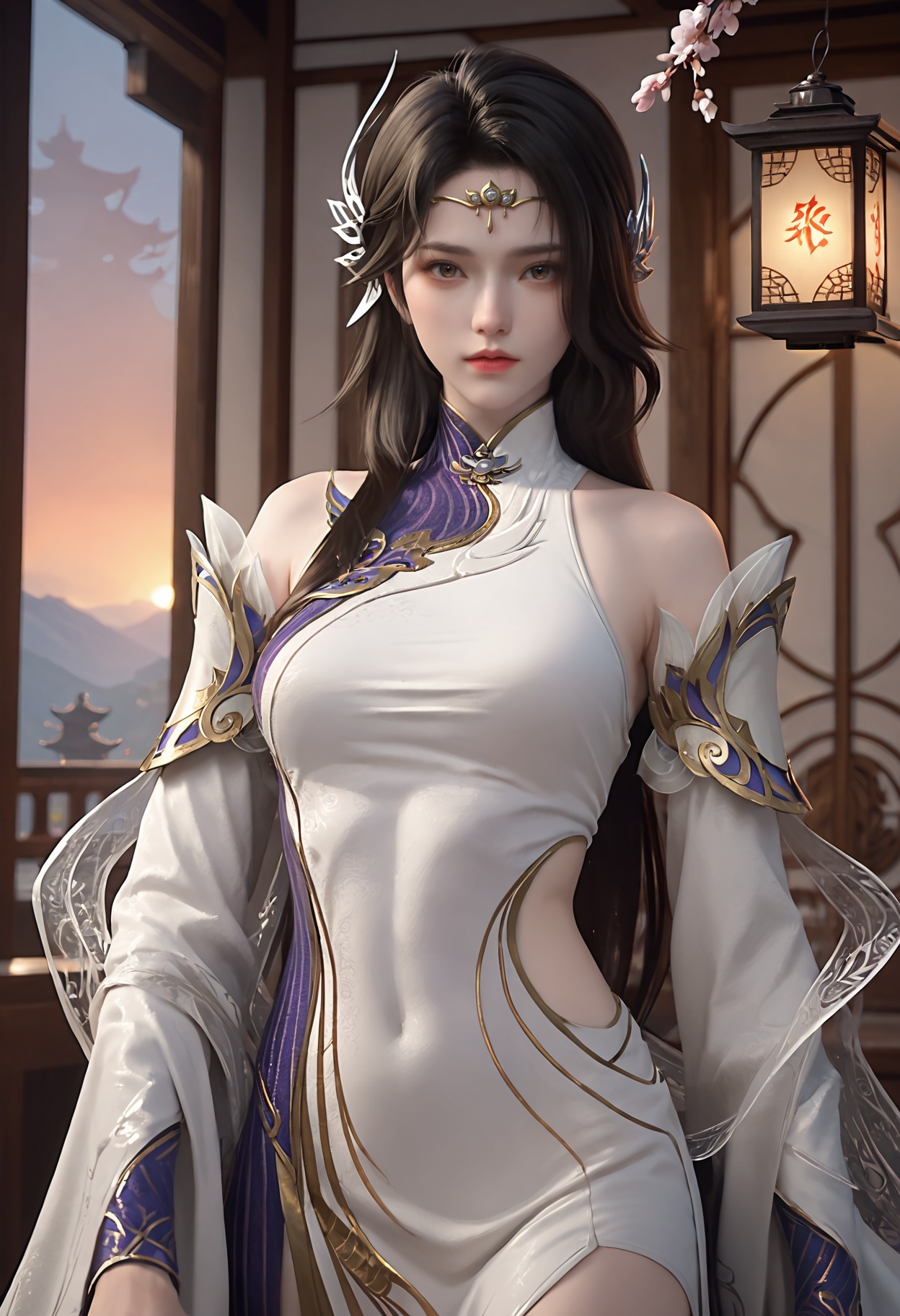 Xuan_yi,1girl,dress,black hair,long hair,hair ornament,jewelry,brown eyes,circlet,<lora:Xuan_yi25_pony-000002:0.75>,white dress,detached sleeves,chinese clothes,white heels,shawl,side slit,photorealistic,hyperrealistic,(pale skin:1.5),<lora:Skin Color slider by topplok2:-1>,looking at viewer,score_9,score_8_up,score_7_up,score_6_up,score_9,score_8_up,score_7_up,score_6_up source_anime,standing,(upper body:1.2),close up,head shot,lantern,open window,looking at viewer,indoors,mountains,blossoms,flowers,east asian architecture,beautiful sunrise,warm ambient temperature,
