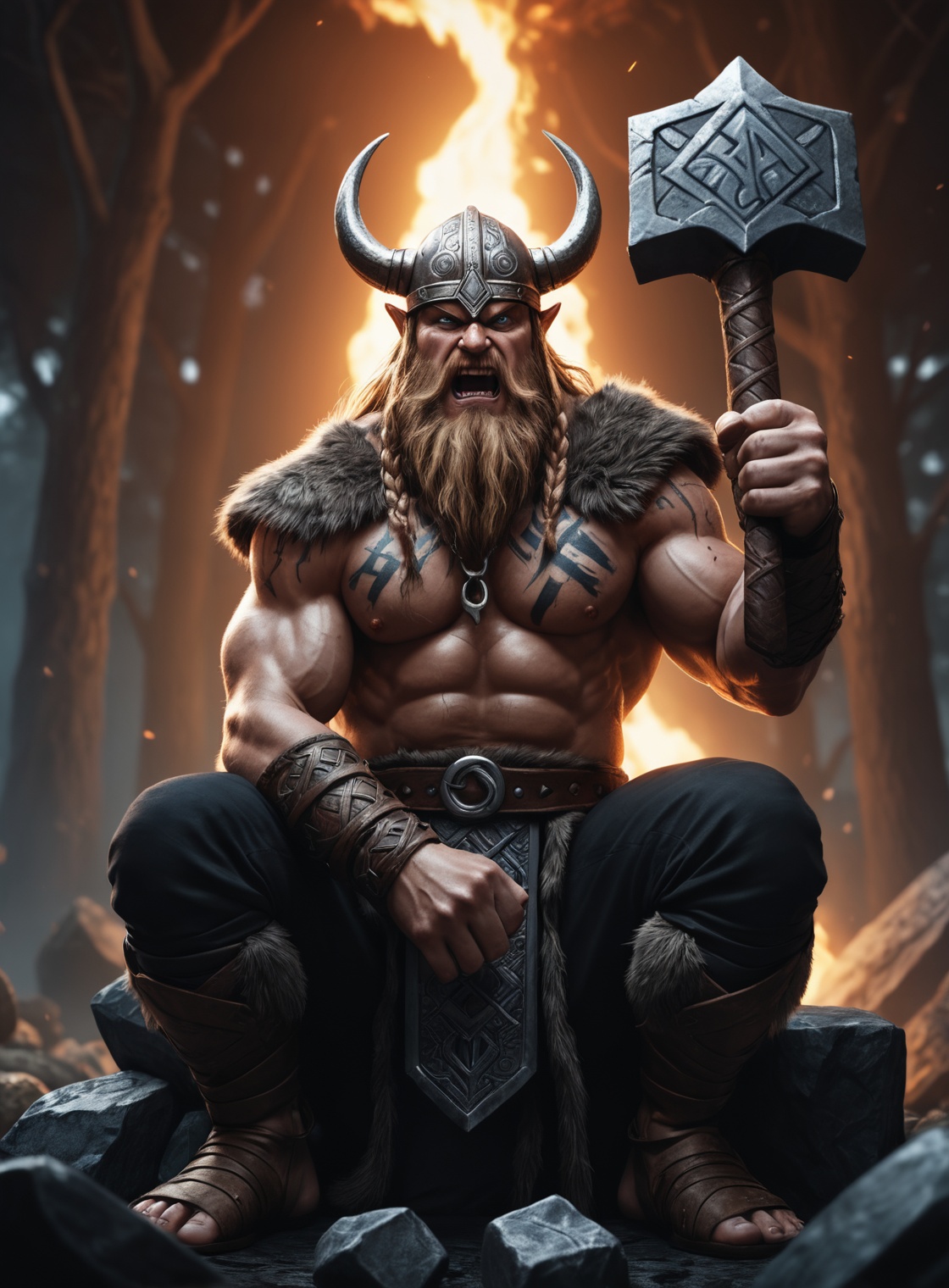 (Closeup an angry viking holding Mjolnir sitting near Yggdrasil epic pose epic light glowing runes),  illustration,  fishe...