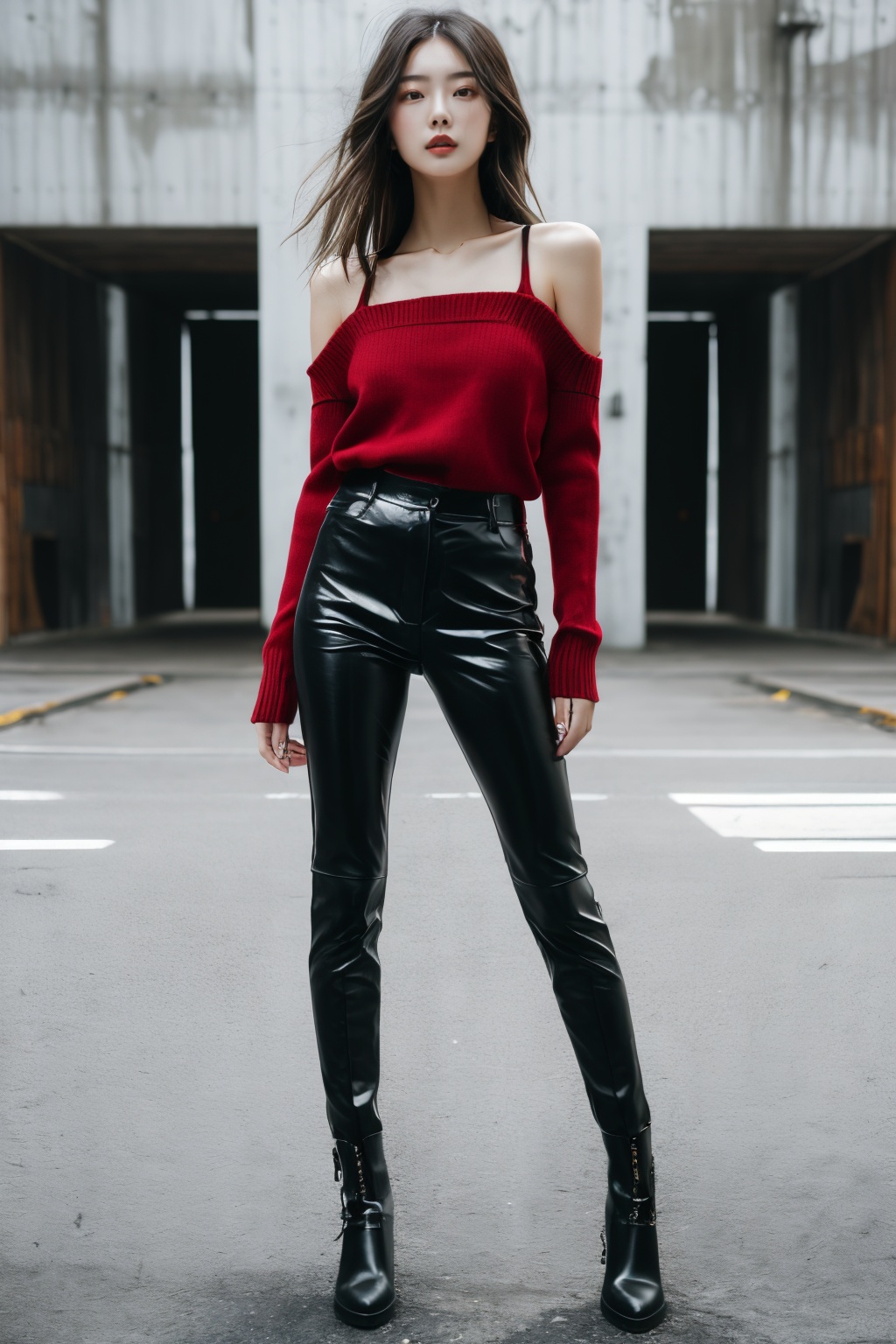 1girl,solo,looking at viewer,long hair,bare shoulders,sweater,leather pants,(full body:1.1),outdoors,, masterpiece, best quality,