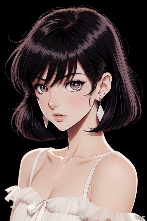 purpleeyes,blackhair,bangs,earrings,whitedress,darkbackground,gothicanimestyle,inkstyle,beauty,delicate.mnmhf, mnmhf<lora:EMS-344925-EMS:0.800000>