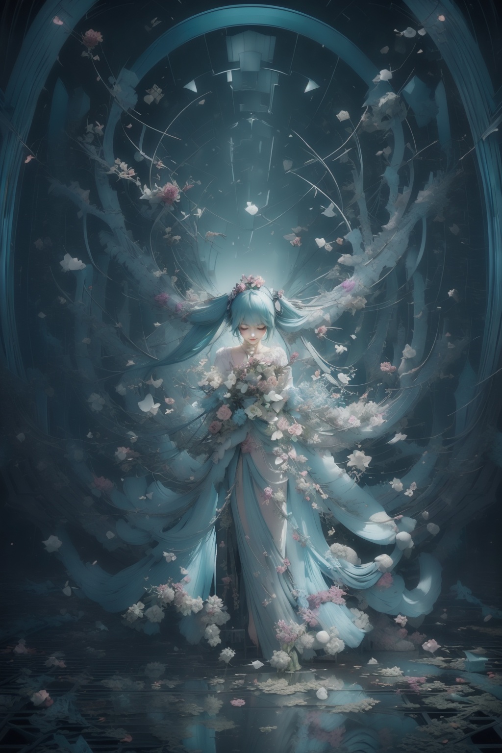(style\(ukiyoe\):1.2),((Masterpiece, best quality,realistic)),smile,a woman in a dress made of bones,Hatsune miku,twin tail,aqua hair,skeleton,dynamic pose,flower_style,