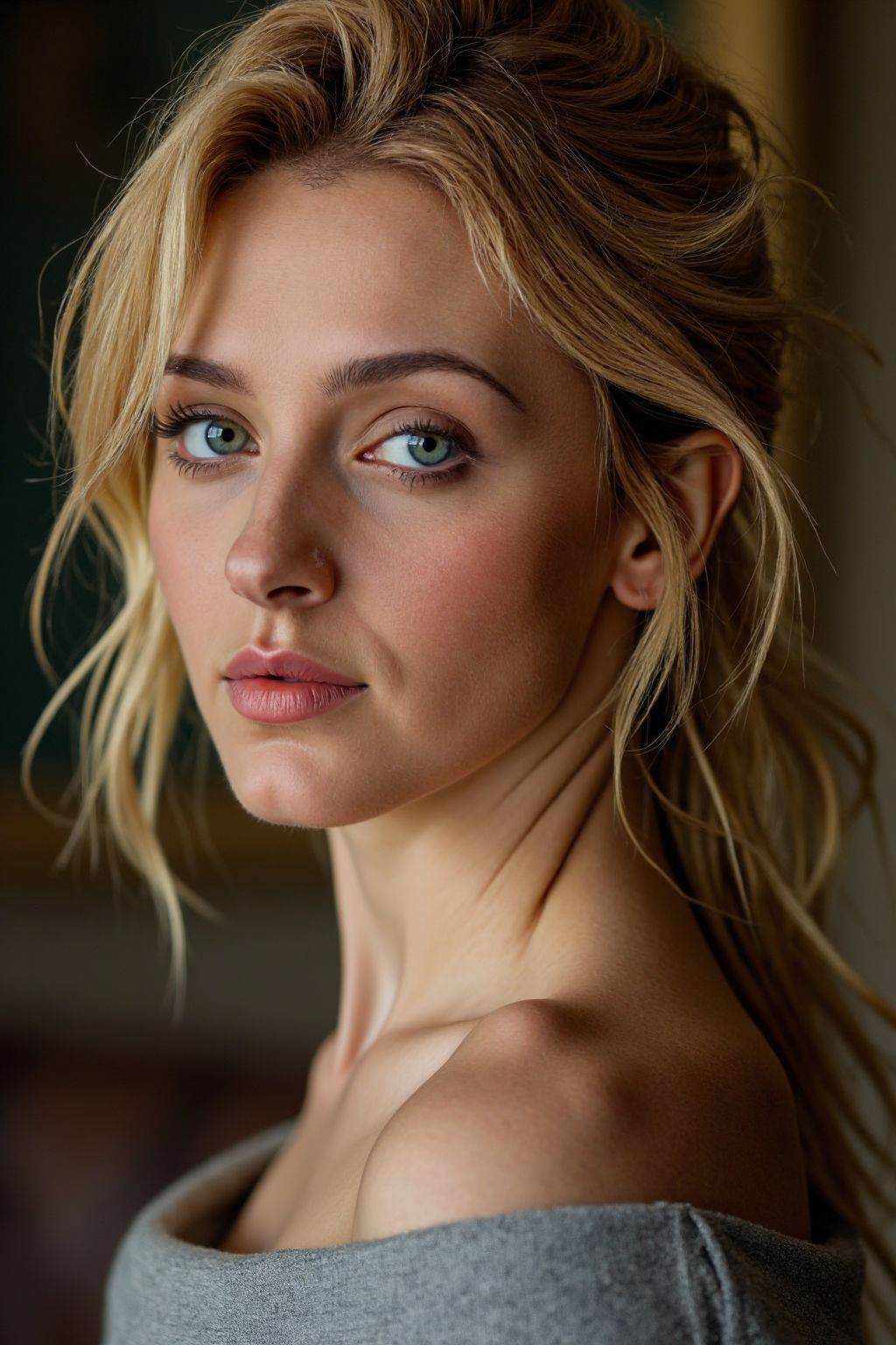 HDR photo of cinematic film still,This is a beautiful photograph of a woman,blonde hair cascading over her shoulders. She is wearing a boatneck dress, Looking at the viewer, closed mouth,
