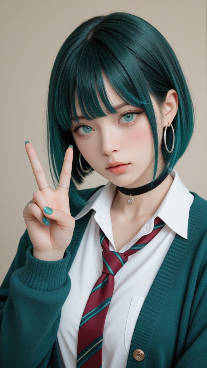 This is a digital illustration in an anime style,  depicting a young woman with a modern,  edgy appearance. She has a shor...