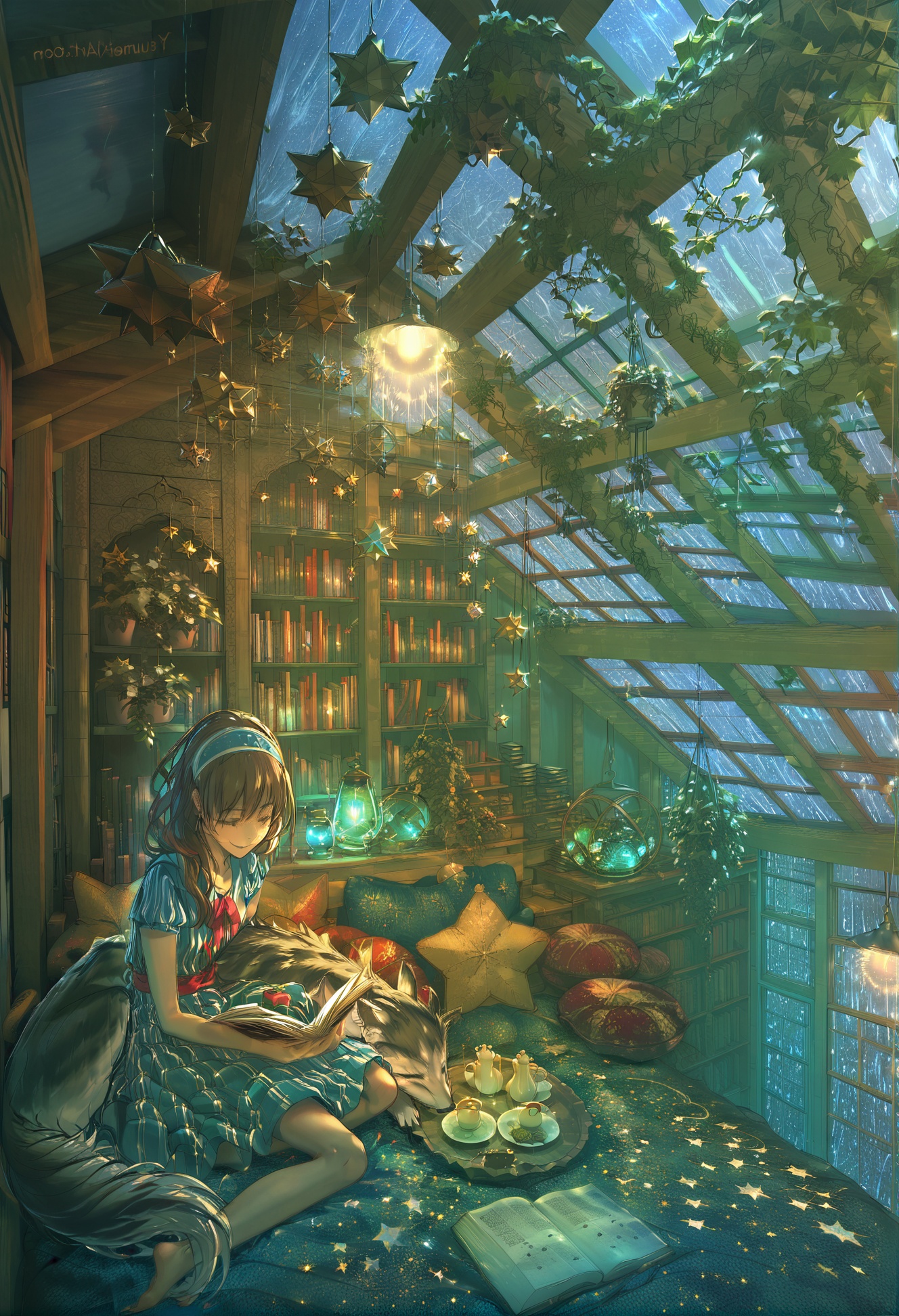 masterpiece, best quality,1girl,   book, sitting, solo, indoors, open book, star \(symbol\), bookshelf, dress, scenery, cup, plant, window, closed eyes, hairband, barefoot, short sleeves, lamp, food, pillow, table, teapot, brown hair, holding, night, plate, teacup, hanging light, blue dress, candle, potted plant, long hair, book stack, chair, rug, puddle, shelf, vines, smile, tree, curtains, teapot warmer, vore, tea set, sleeping, saucer, closed mouth, light bulb, eyelashes <lora:YuuXLlokr8f-000186:0.95>