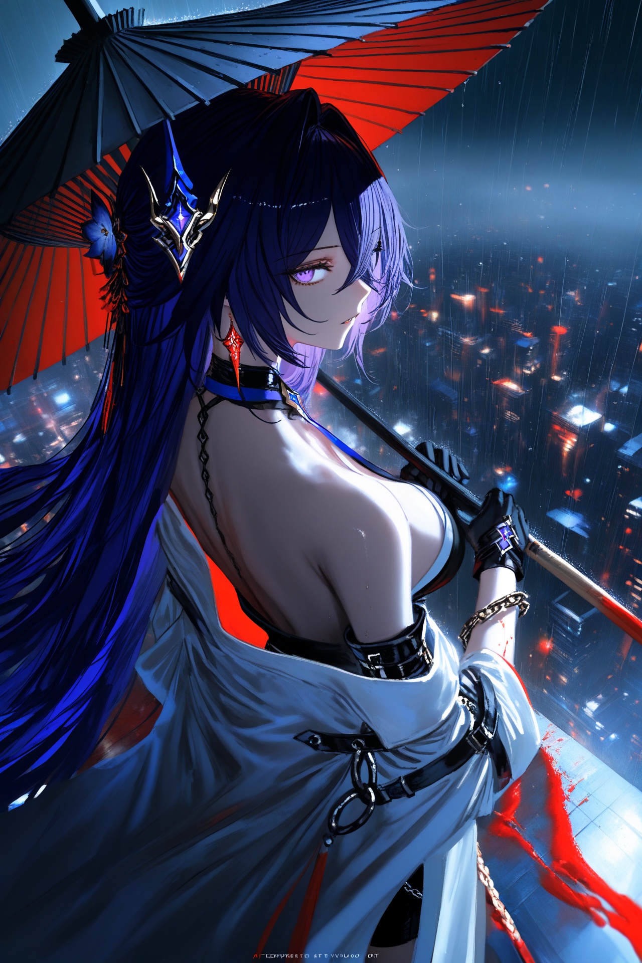 (gawako:1.1),(toi8),(yonchan:0.8),(luicent :0.9),(masaki (ekakiningen):0.8),(hxxg:0.8),newest,((solo)),((acheron \(honkai: star rail\))),((alternate costume)),((purple japanese clothes)),1girl,bare shoulders,black belt,black gloves,black shorts,chain,chain around arm,(cowboy shot),earrings,((from side)),gloves,hair ornament,holding,holding umbrella,jewelry,long hair,looking at viewer,(((red oil-paper umbrella))),parted lips,purple eyes,purple hair,(scene reference),shorts,(shoulder blades),sidelocks,solo,standing,umbrella,very long hair,white coat,looking back,((black theme)),((rain)),city,fog,night,masterpiece,best quality,amazing quality,very aesthetic,absurdres,((from_above)),foreshortening,(artist:quasarcake:0.6),extreme aesthetic,(wlop:0.9),masterpiece,best quality,good quality,newest,year 2024,year 2023,very aesthetic,absurdres,Visual impact,A shot with tension,ultra-high resolution,32K UHD,sharp focus,best-quality,masterpiece,Emotionalization,unconventional supreme masterpiece,masterful details,temperate atmosphere,with a high-end texture,in  the style of fashion photography,(Visual impact),giving the poster a dynamic and visually striking appearance,impactful picture,offcial art,colorful,splash of color,movie perspective,