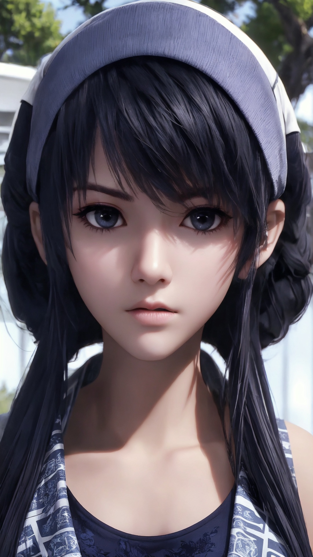 The image is a close-up portrait of a young woman with dark blue hair. She has a serious expression on her face and her eyes are looking directly at the camera. Her hair is styled in a messy,shoulder-length bob with bangs framing her face. She is wearing a black top with a blue and white patterned design on the sleeves. The background is blurred,but it appears to be an outdoor setting with trees and greenery. The overall mood of the image is somber and contemplative..,<lora:1.5端木蓉(6):0.8>,