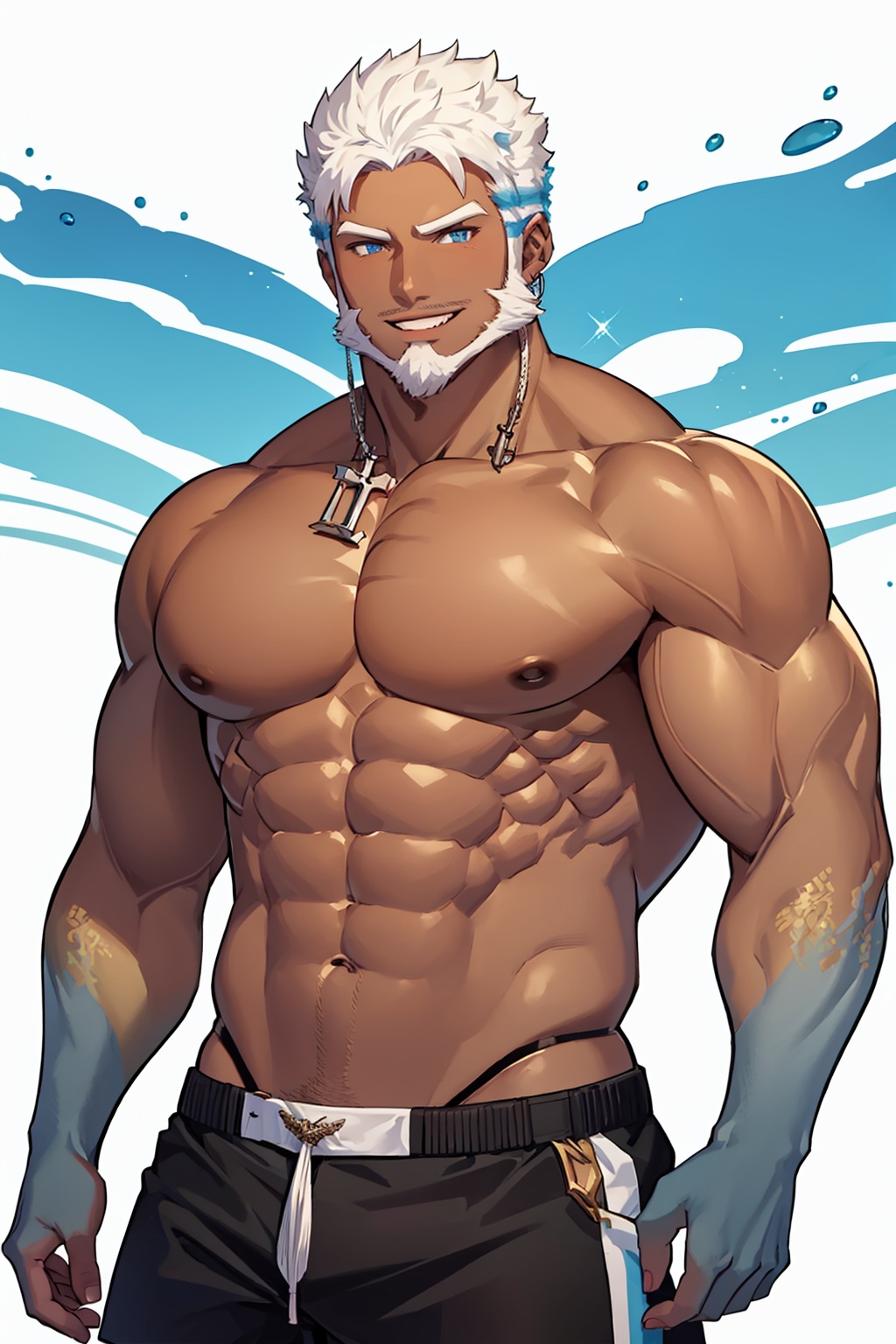 masterpiece,best quality, highly detailed, aegir (housamo),beard,large pectorals,dark-skinned male,bara,1boy,mature male,solo,muscular male,abs,thick thighs,navel,stomach,fish boy,fins,smile,single earring,looking at viewer<lora:aegir_(housamo):1>,simple background,white background
