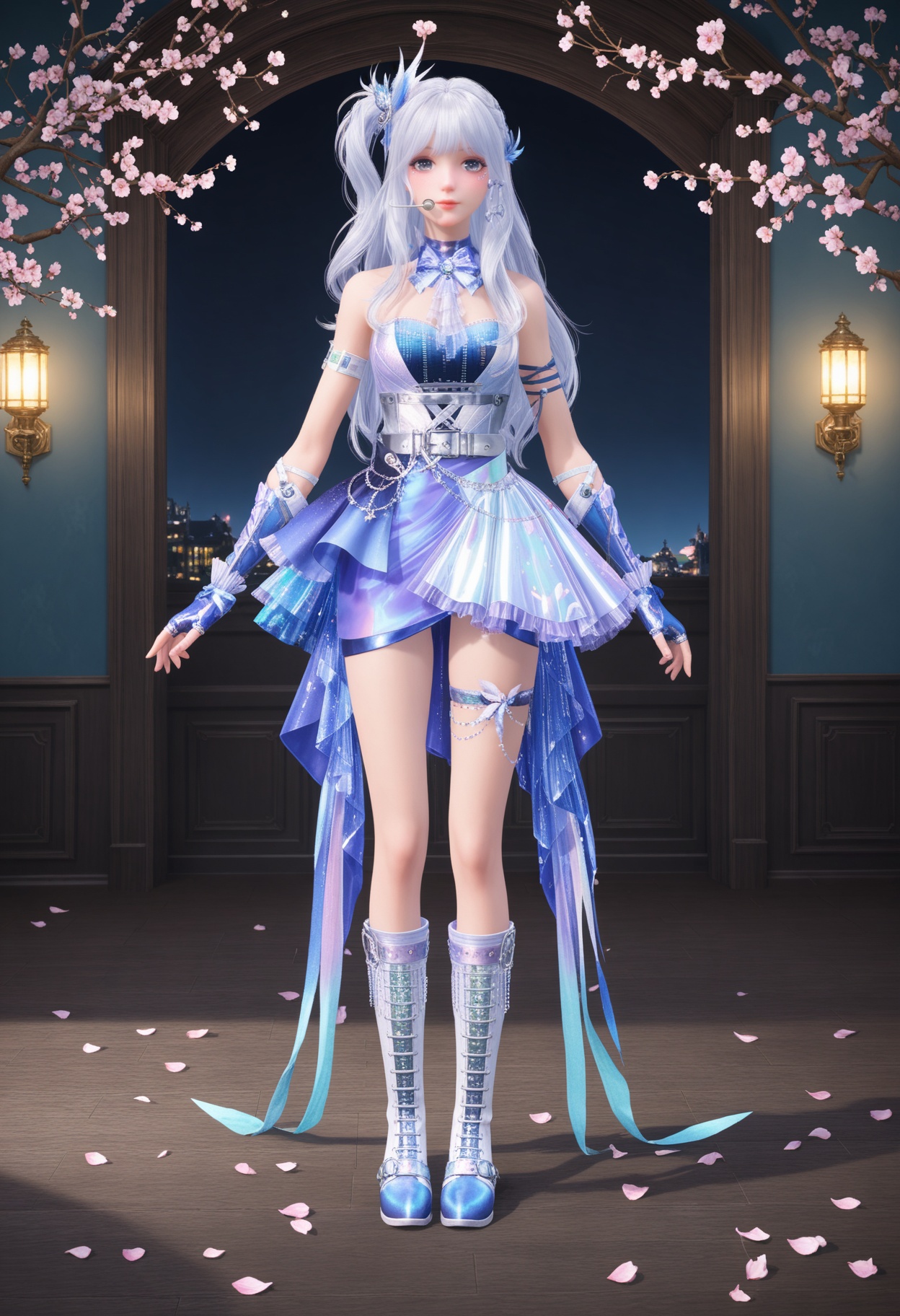 (full_body:1.2),(looking at viewer:1.1),facing viewer,direct gaze,(masterpiece:1.1),(best quality:1.2),(intricate details),(smog:1.3),(Dark room:1.3),(dim lighting:1.3),peach blossom,falling petals,<lora:YQ_Illustrious光辉v5_暖暖23_星屑小梦曲_V1:0.8>,1girl,q1528437228,long hair,white hair,hair ornament,dress,fingerless gloves,boots,blue eyes,skirt,grey eyes,jewelry,one side up,belt,masterpiece,(best quality),(intricate details:0.9) BREAK (intricate details:0.9),(realistic skin:1.2),masterpiece,best quality,newest,absurdres,hiahres,