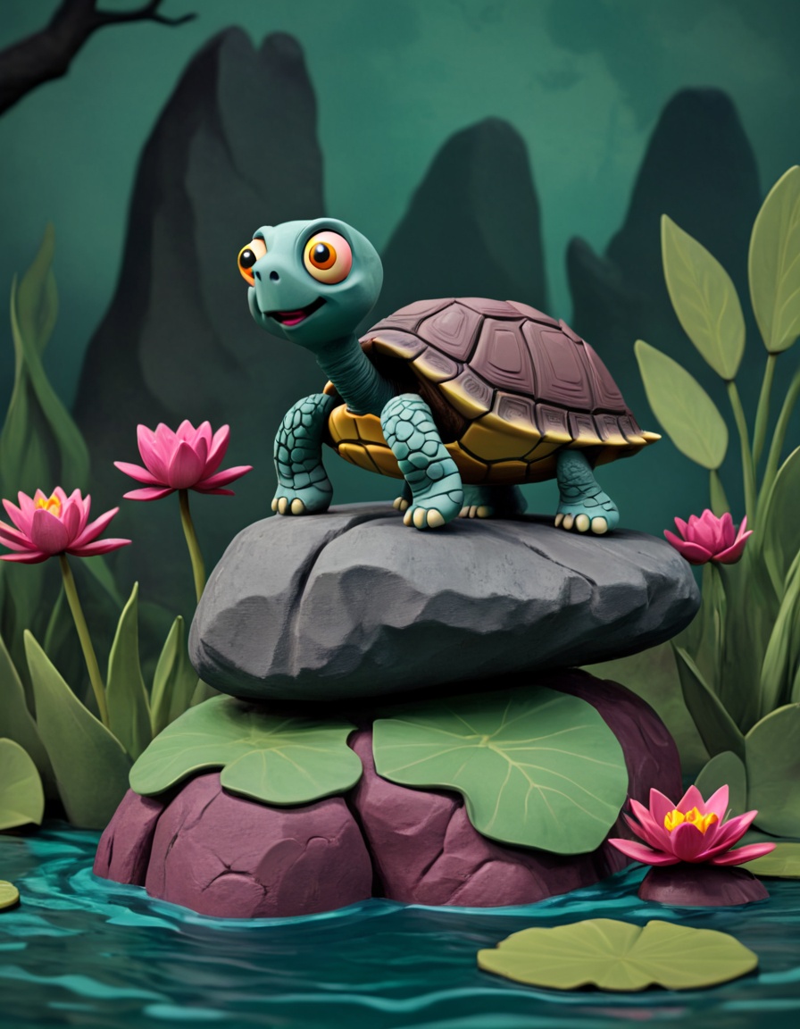 novuschroma51 style turtle on a rock in water with water lilies claymation on Tensor.Art