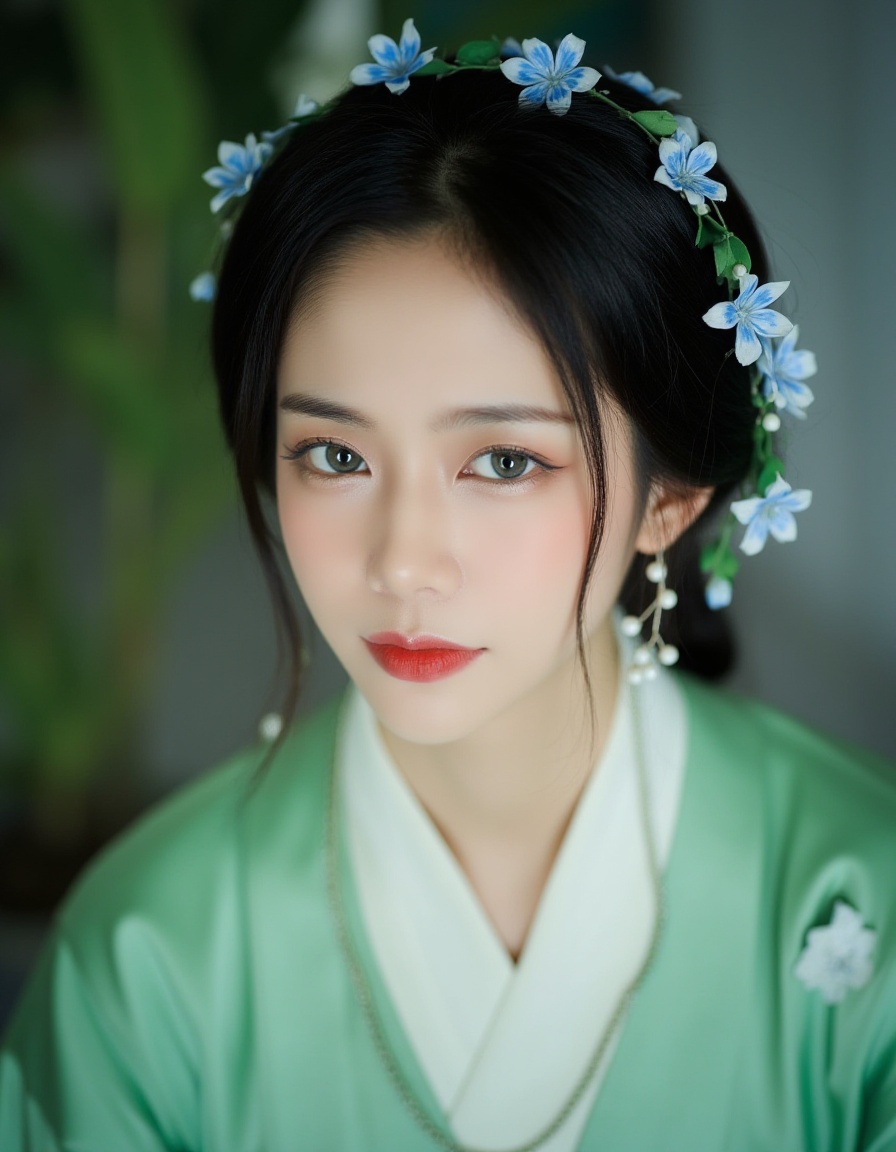 Captured at eye-level,a close-up shot of a young Asian woman,dressed in a green kimono,adorned with a white necklace and earrings. Her hair is styled in a low bun,and she's wearing a headband adorned with blue flowers. The background is blurred,creating a stark contrast to the woman's outfit. The woman's hair is dark,adding a touch of greenery to the scene.,