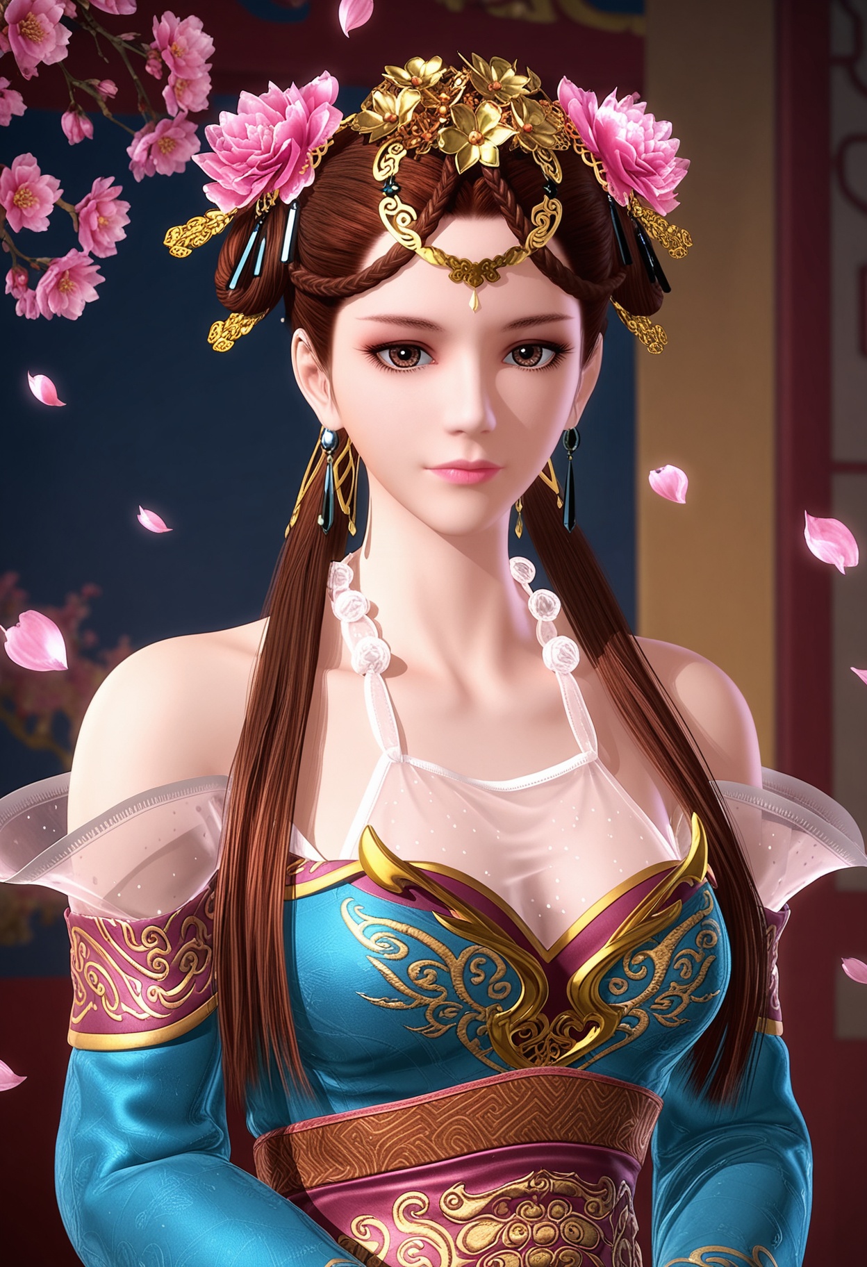 (upper_body:1.2),(looking at viewer:1.1),masterpiece,(best quality),smog,Dark room,dim lighting,peach blossom,falling petals,<lora:YQ_Illustrious光辉v5_涟衣_V1:0.8>,q1528437228,1girl,solo,brown hair,hair ornament,jewelry,long hair,hair flower,earrings,brown eyes,dress,chinese clothes,braid,necklace,hair rings,sash,twintails,