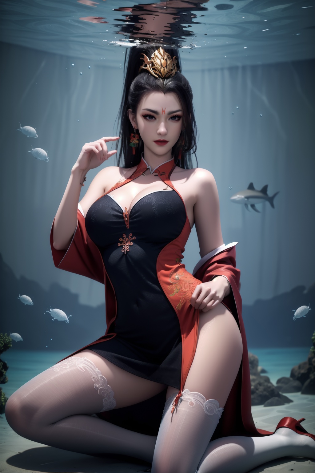 1girl,underwater,submerged,floating hair,air bubble,holding breath,see-through,masterpiece,best quality,highly detailed,fish,(wide hip:1.2),jellyfish,earrings,hair ornament,sea weed,coral reef,shark,sea turtle,sexy pose,kneeling,chinese dress,chinese clothes,large breasts,white laced black pantyhose,cleavage,forehead mark