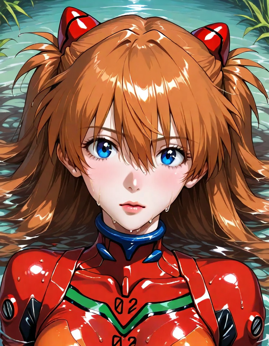 score 9,score 8 up,score 7 up, a character with long orange hair wearing a red and black suit with the number '02' prominently displayed. the character appears to be submerged in water with only their head and upper body visible above the water's surface. the background shows a calm water body surrounded by green grass.,1girl,plugsuit,solo,realistic,red bodysuit,bodysuit,interface headset,partially submerged,looking at viewer,long hair,pilot suit,orange hair,water,breasts,lips,hair between eyes,blue eyes,nose,wet,science fiction,skin tight,upper body,souryuu asuka langley