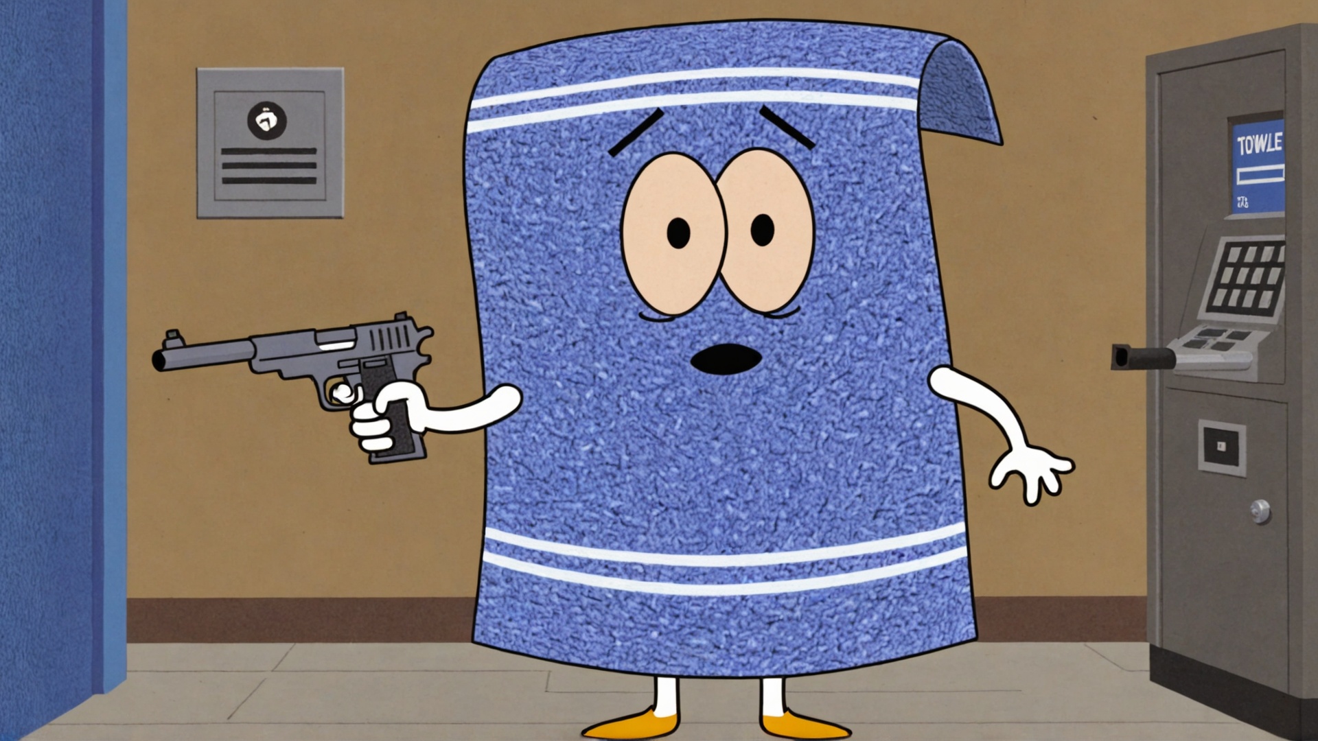Photo of Towelie with a gun robbing a bank on Tensor.Art