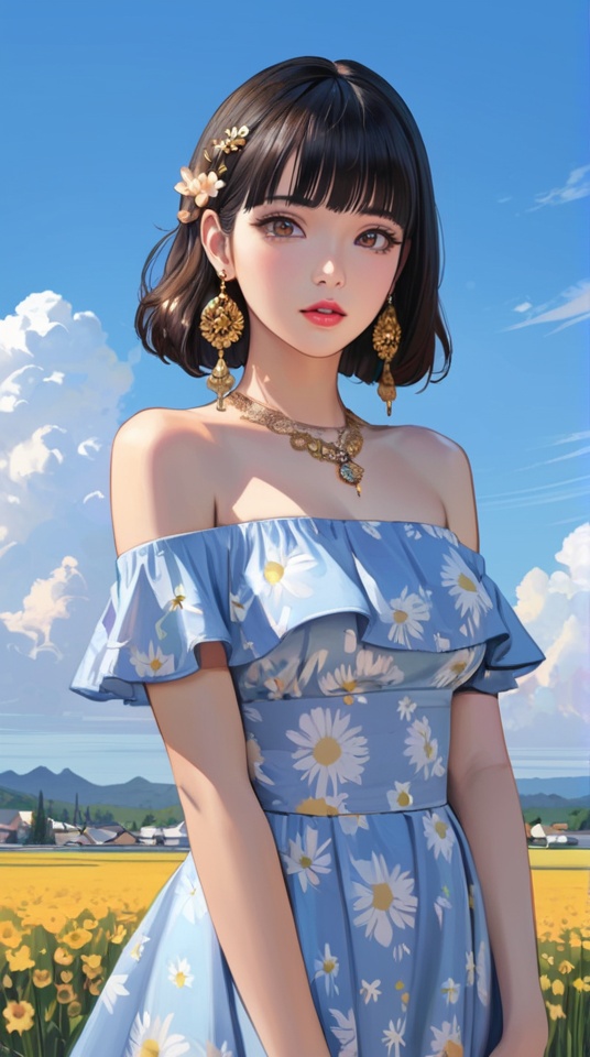 (best quality), ((masterpiece)), (highres), illustration, original, extremely detailed,<lora:韩の时尚衣橱:0.7>1girl, solo, black hair, dress, jewelry, sky, day, brown eyes, looking at viewer, lips, blue sky, earrings, bangs, cloud, hair ornament, parted lips, necklace, bare shoulders, outdoors, floral print, blunt bangs