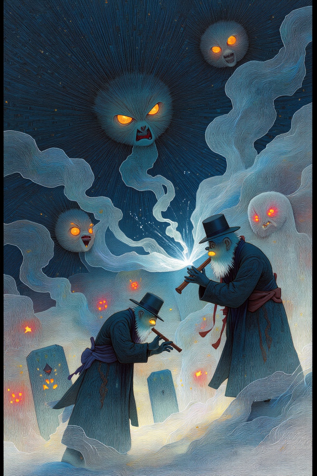 beijihui,a ghost hunter in mourning attire plays a flute among tombstones, ink-**** smoke dances around him forming monstrous faces, top-down frame with radial symmetry