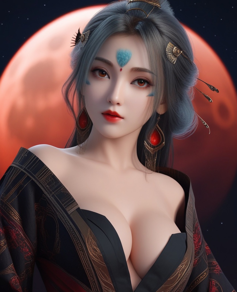 <lora:571-DA-XL-眷思量-奉眠:0.8>(,1girl, ,best quality, ),looking at viewer,  ,,ultra detailed background,ultra detailed background,ultra realistic 8k cg,, ,masterpiece, (( , )),, ,science fiction,mole, ,    ,red moon, black rose,     (cleavage), (),