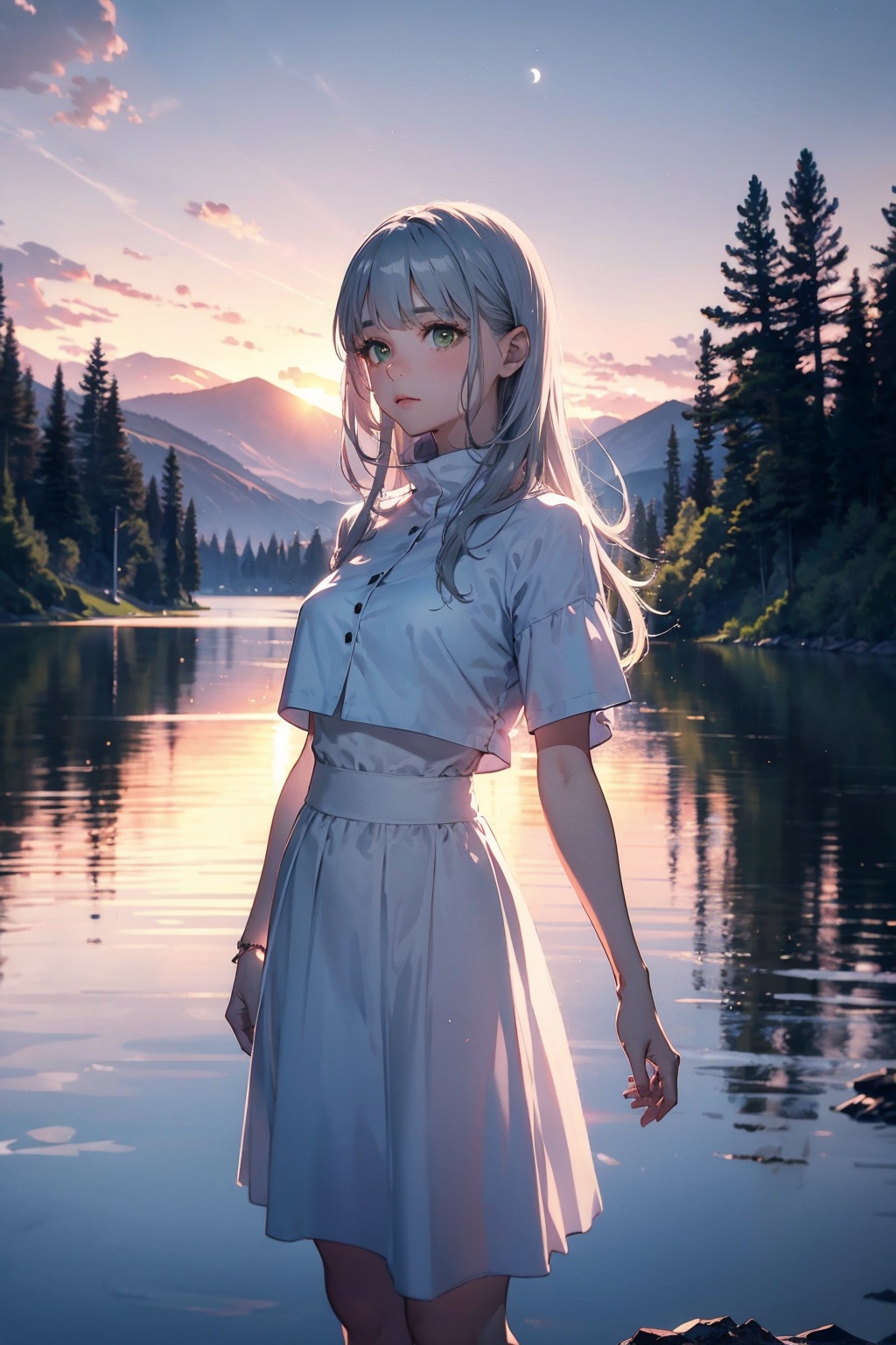 masterpiece, best quality, cinematic lighting, extremely detailed CG unity 8k wallpaper,.1girl, Silver long hair, flowing long hair, green eyes, pink clothes, white skirt, side gaze towards the camera, looking towards the camera, by the lake, in the wilderness, in the surrounding forests, full moon in the sky, moonlight reflected in the lake, lake reflections, distant mountains, birds, clouds.Evening, sunny, summer.Half-length photo,