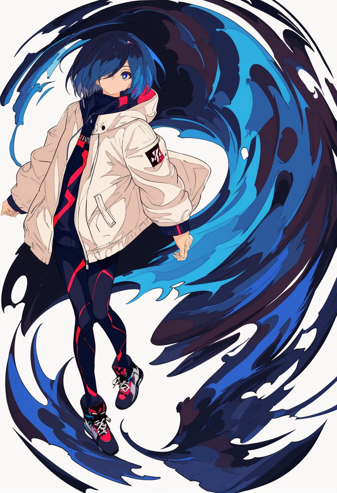 masterpiece, best quality,solo, 1girl, short hair, hair over one eye, blue eyes, hood, jacket, white background, full body, abstract , <lora:焦茶XLlokr8f-000188:0.95>